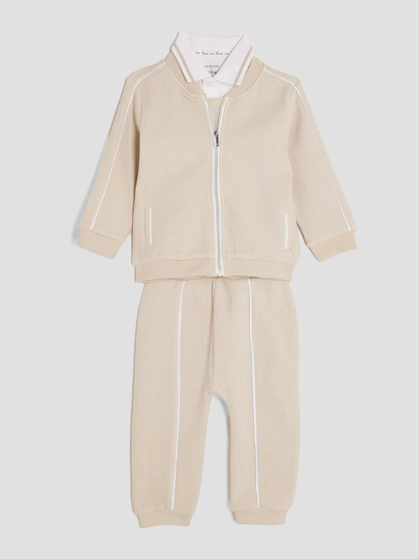  image of river-island-baby-boys-3-piece-bomber-jacket-set-beige