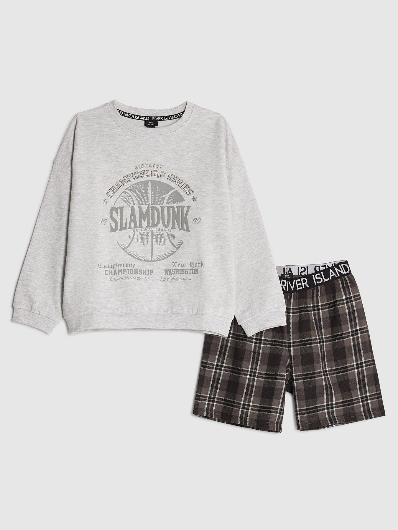front image of river-island-older-boys-slam-dunk-sweat-check-set-grey