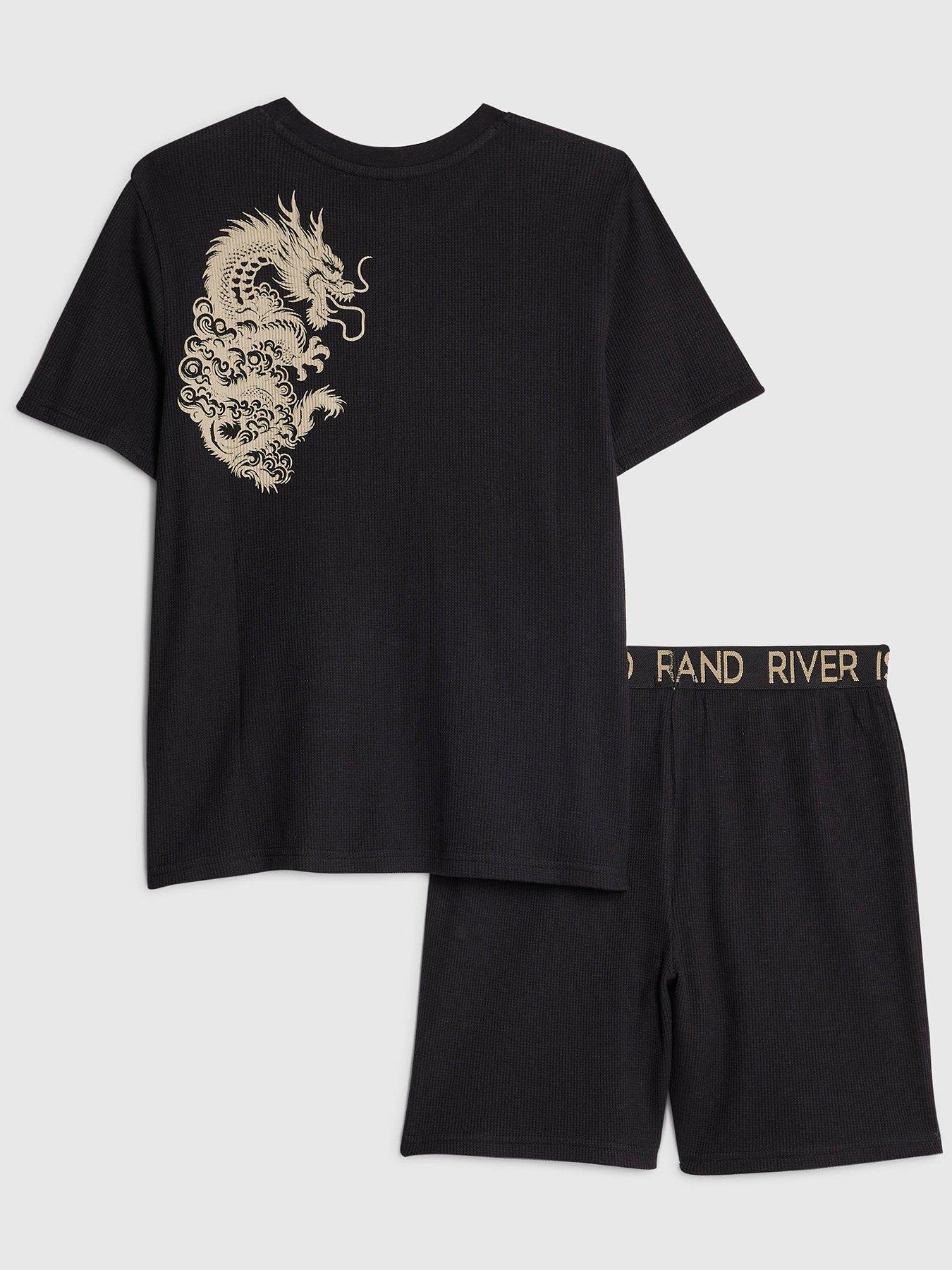 Image 2 of 5 of River Island Older Boys Back Print Japanese Waffle Pyjama Short Set - Black