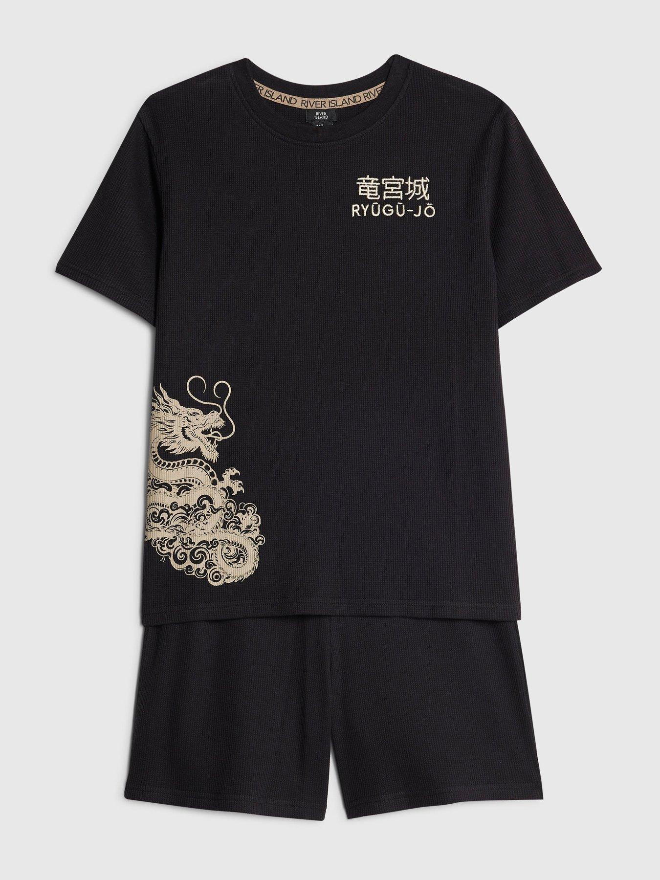 Image 3 of 5 of River Island Older Boys Back Print Japanese Waffle Pyjama Short Set - Black