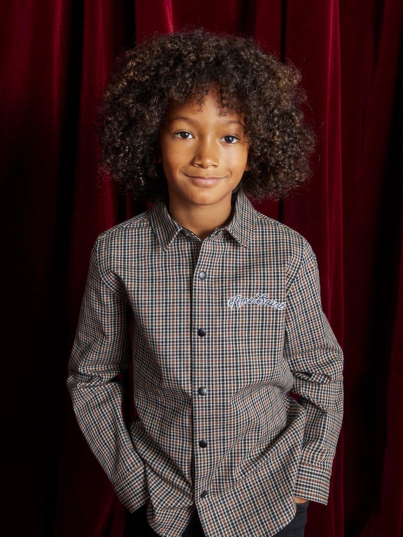 River Island Older Boys Button Check Trim T-Shirt - Beige