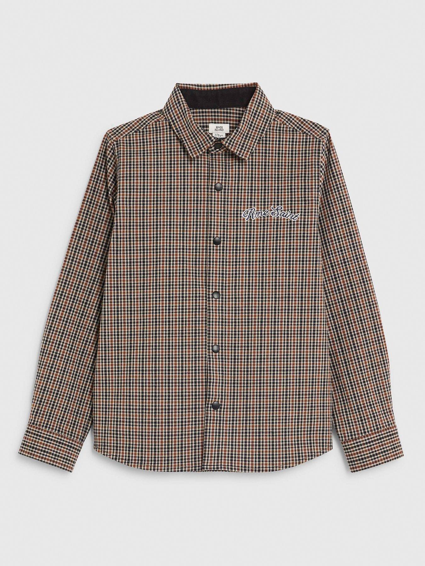 River Island Older Boys Button Check Trim T-Shirt - Beige