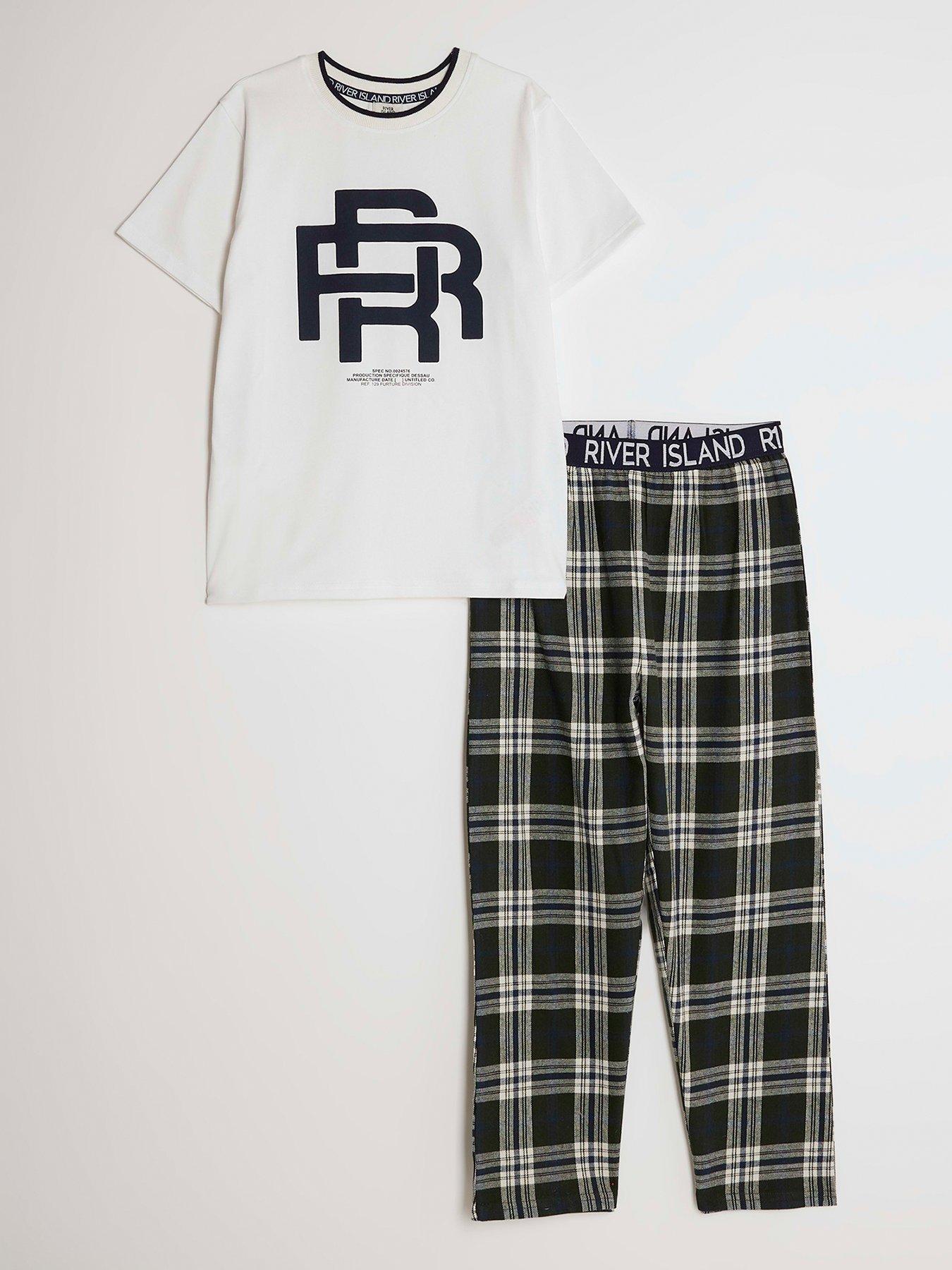 front image of river-island-older-boys-rr-check-pyjama-t-shirt-set-green