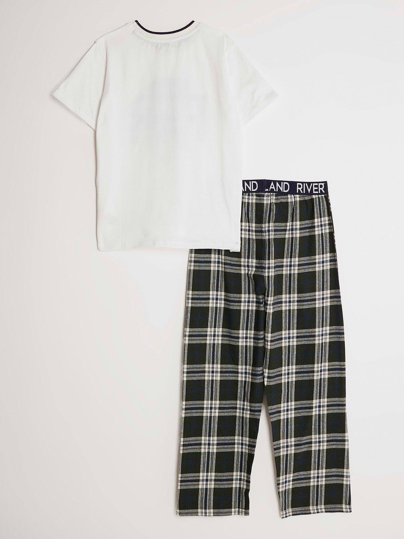  image of river-island-older-boys-rr-check-pyjama-t-shirt-set-green