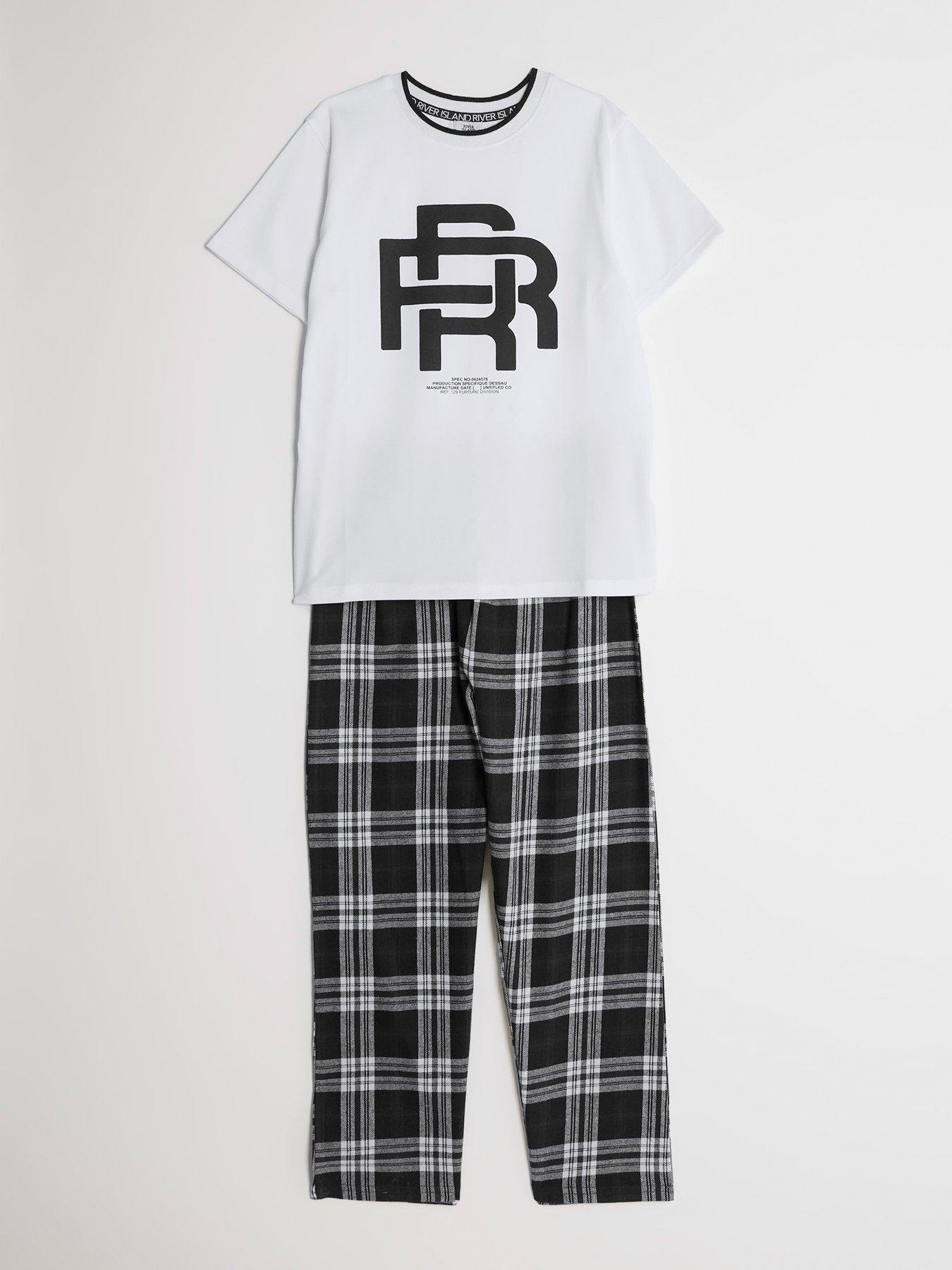  image of river-island-older-boys-rr-check-pyjama-t-shirt-set-green