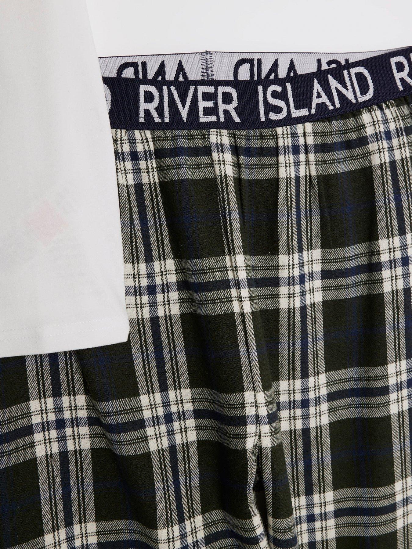  image of river-island-older-boys-rr-check-pyjama-t-shirt-set-green