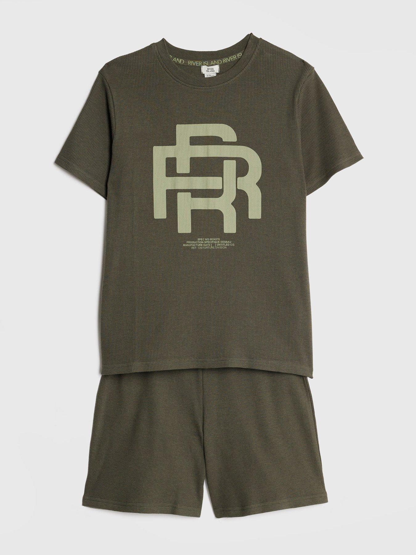  image of river-island-older-boys-rr-waffle-t-shirt-pyjama-set-dark-green