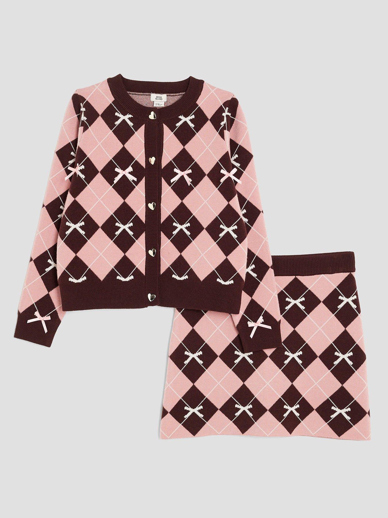Image 1 of 5 of River Island Older Girls Bow Argyle Print Cardigan Set - Pink