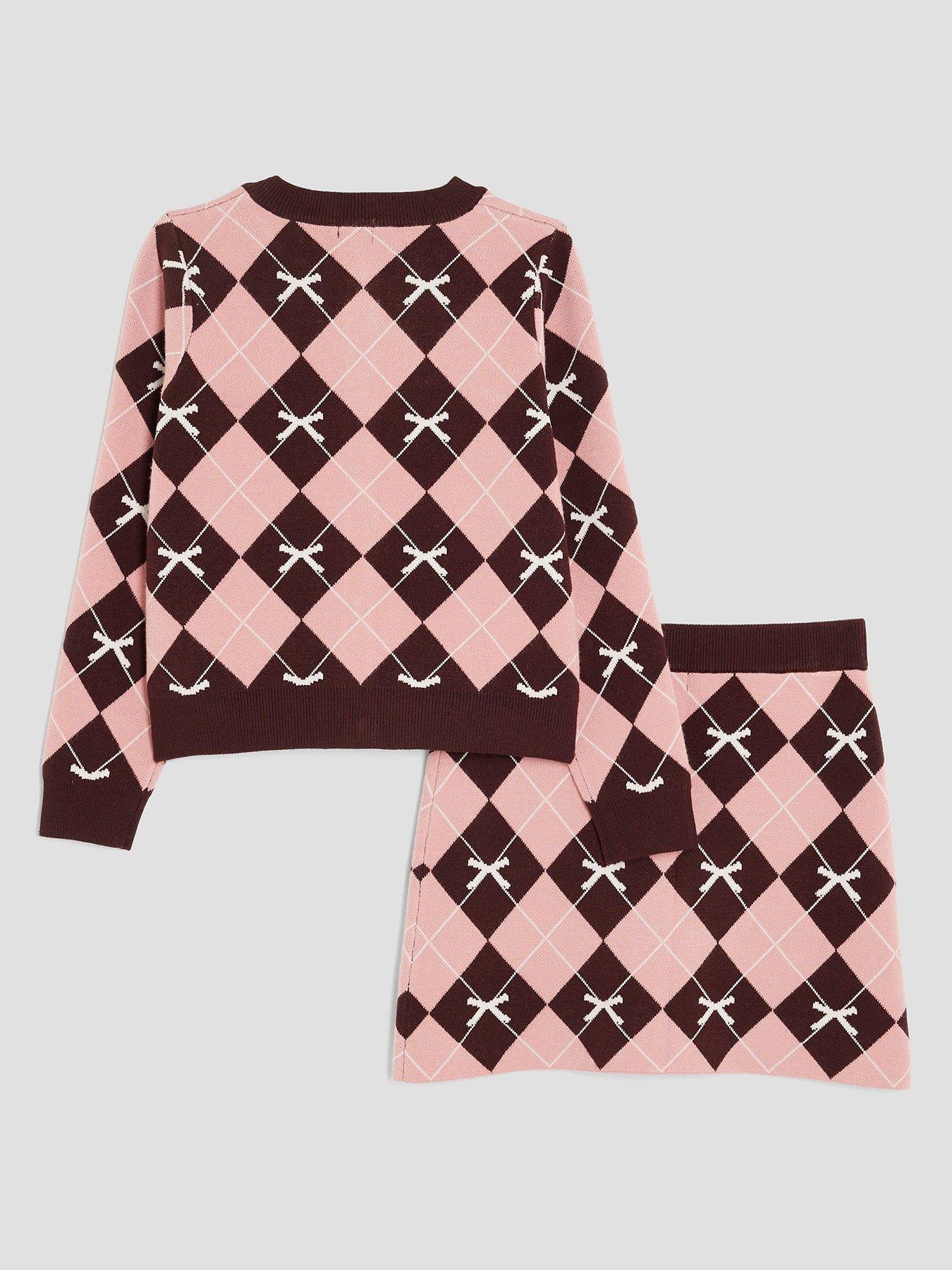 Image 2 of 5 of River Island Older Girls Bow Argyle Print Cardigan Set - Pink