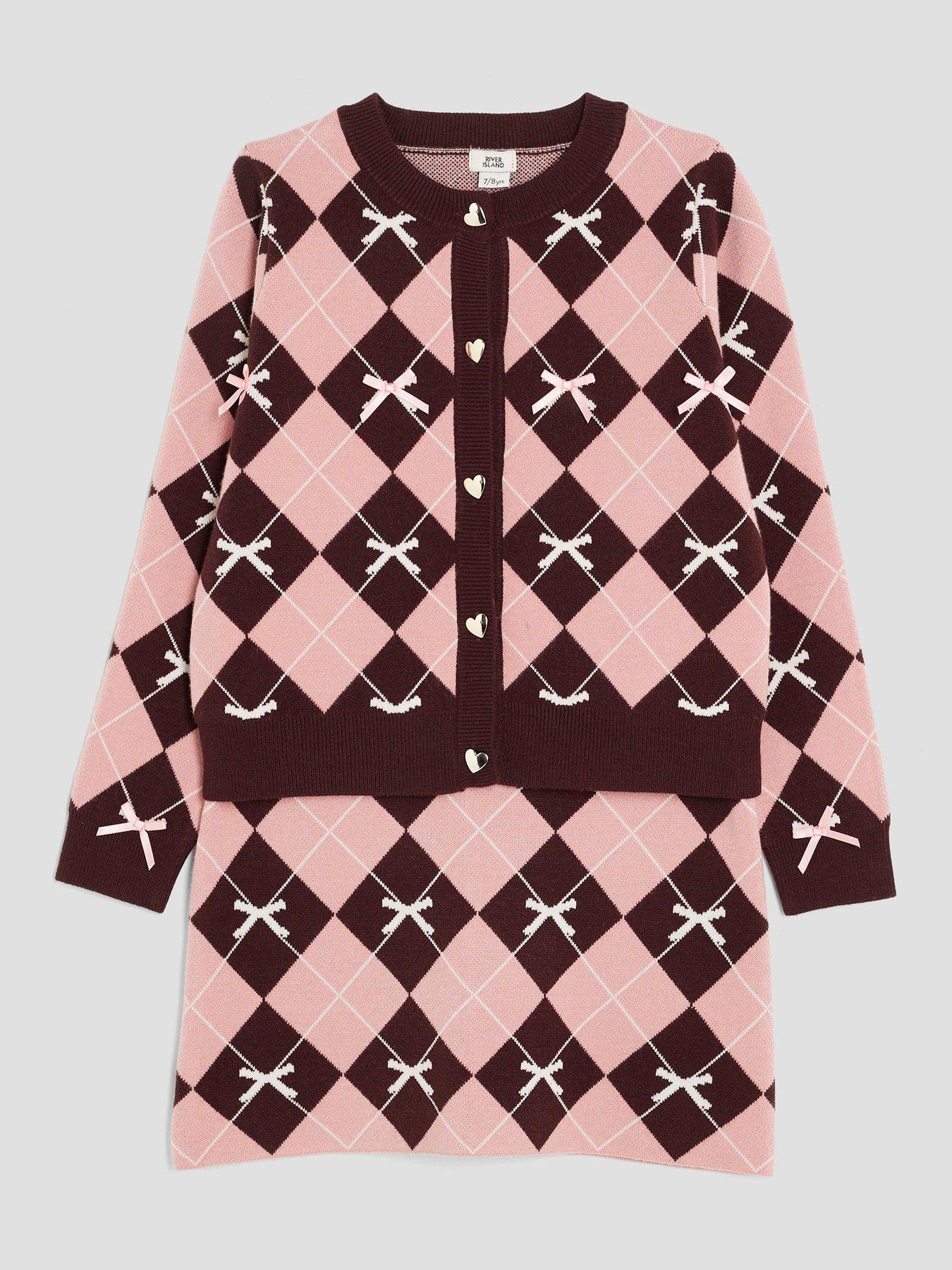Image 3 of 5 of River Island Older Girls Bow Argyle Print Cardigan Set - Pink