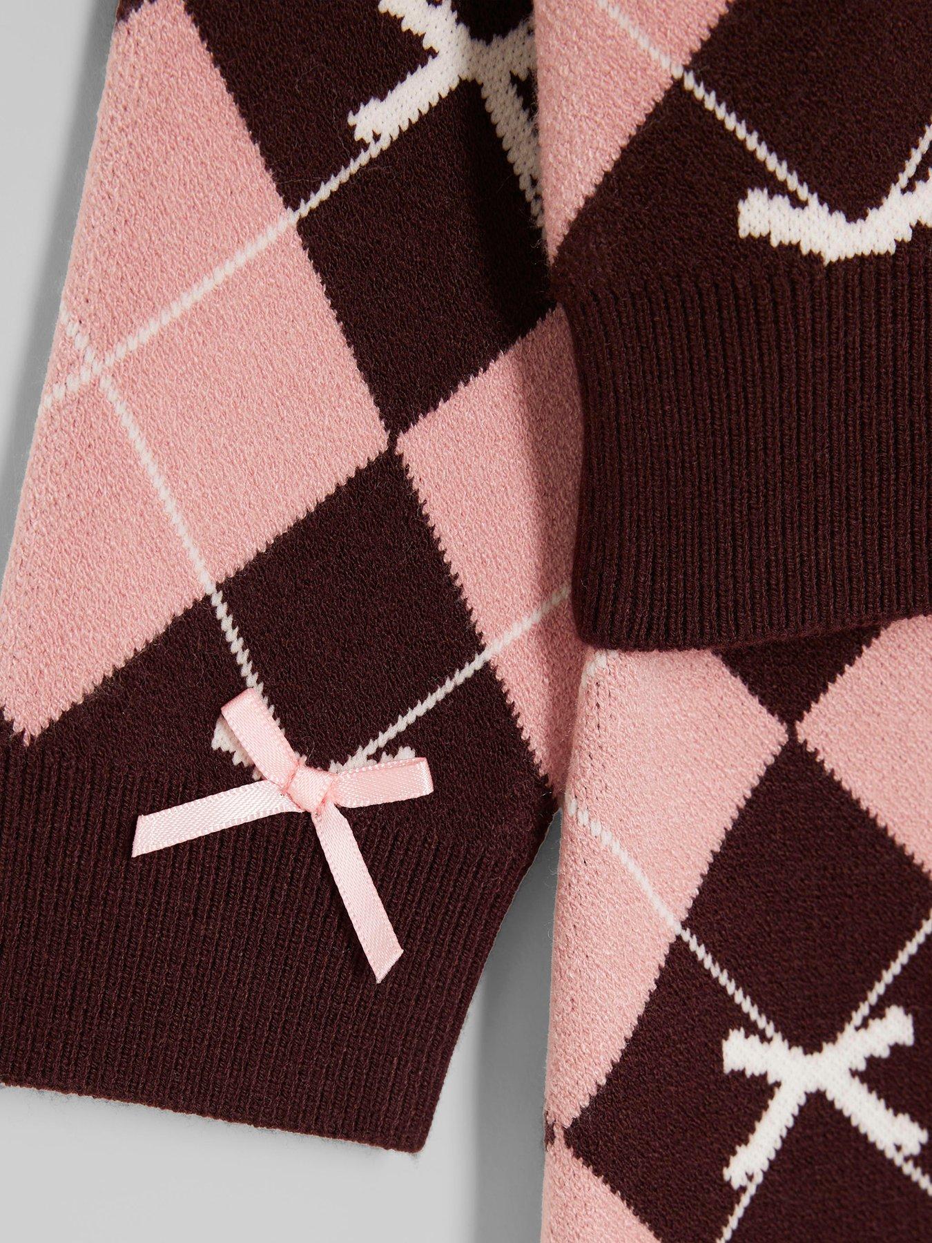 Image 4 of 5 of River Island Older Girls Bow Argyle Print Cardigan Set - Pink