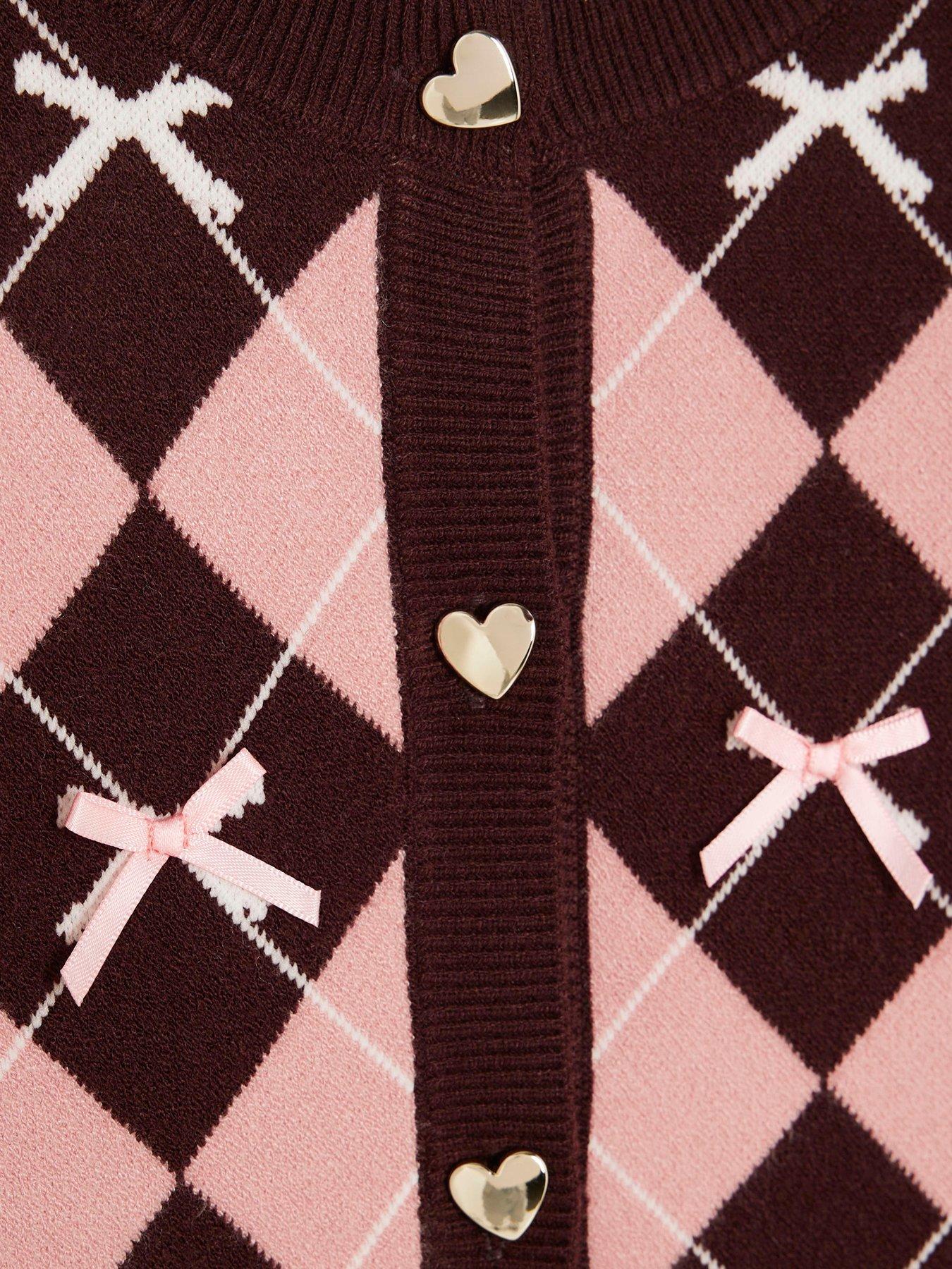 Image 5 of 5 of River Island Older Girls Bow Argyle Print Cardigan Set - Pink