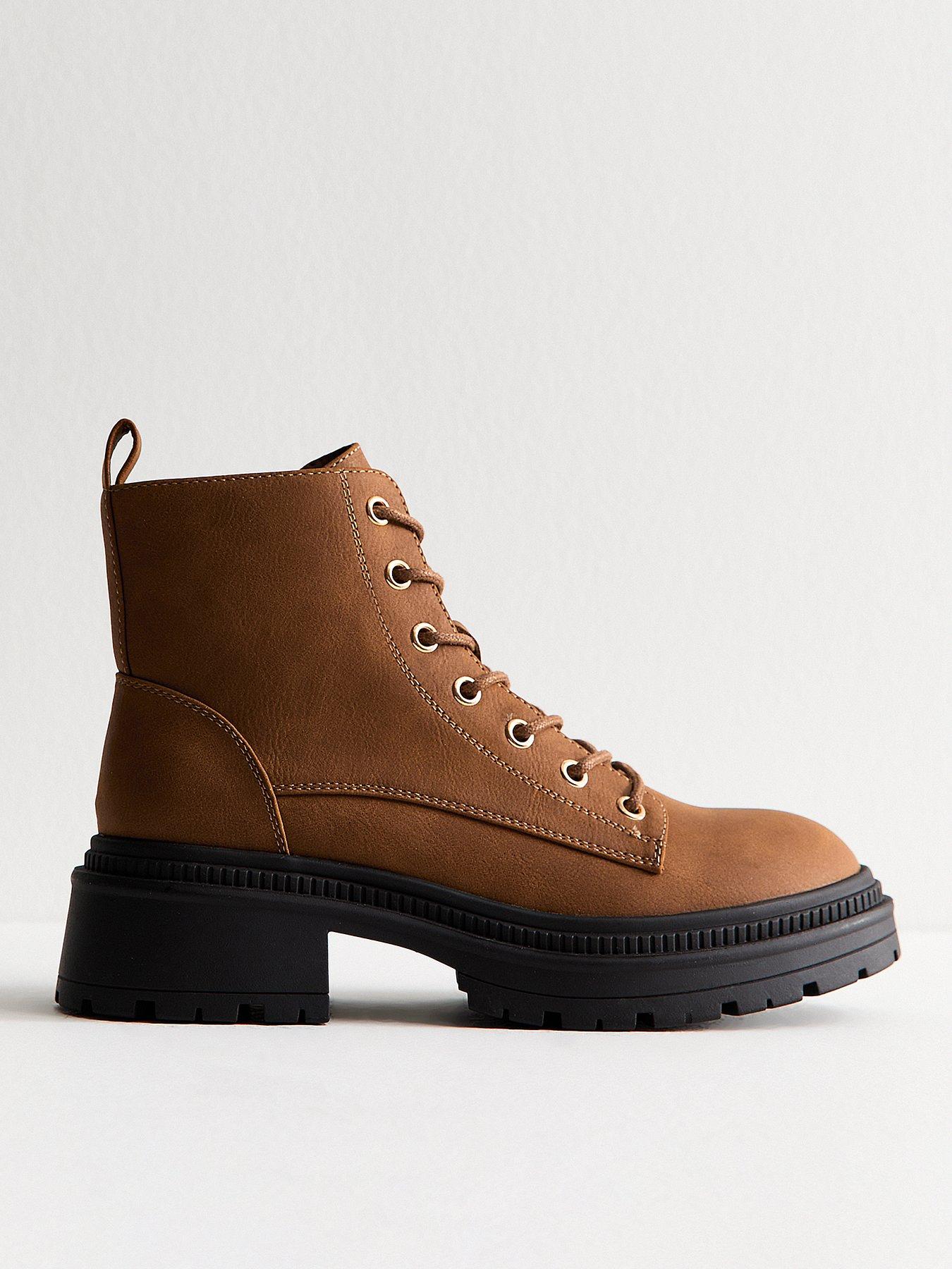 New Look Faux Leather Lace Up Ankle Boots - Beige