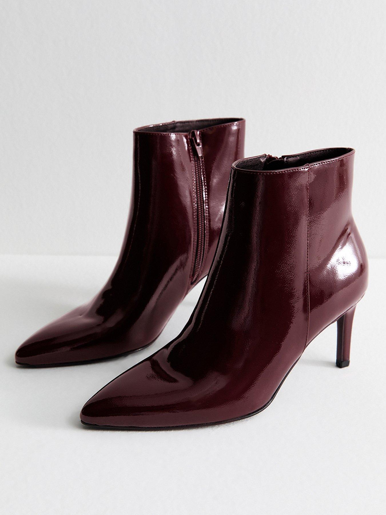  image of new-look-faux-patent-leather-point-toe-ankle-boots-dark-burgundy