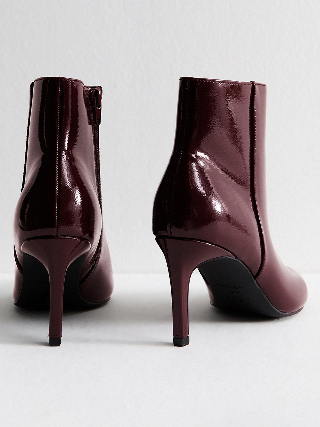  image of new-look-faux-patent-leather-point-toe-ankle-boots-dark-burgundy