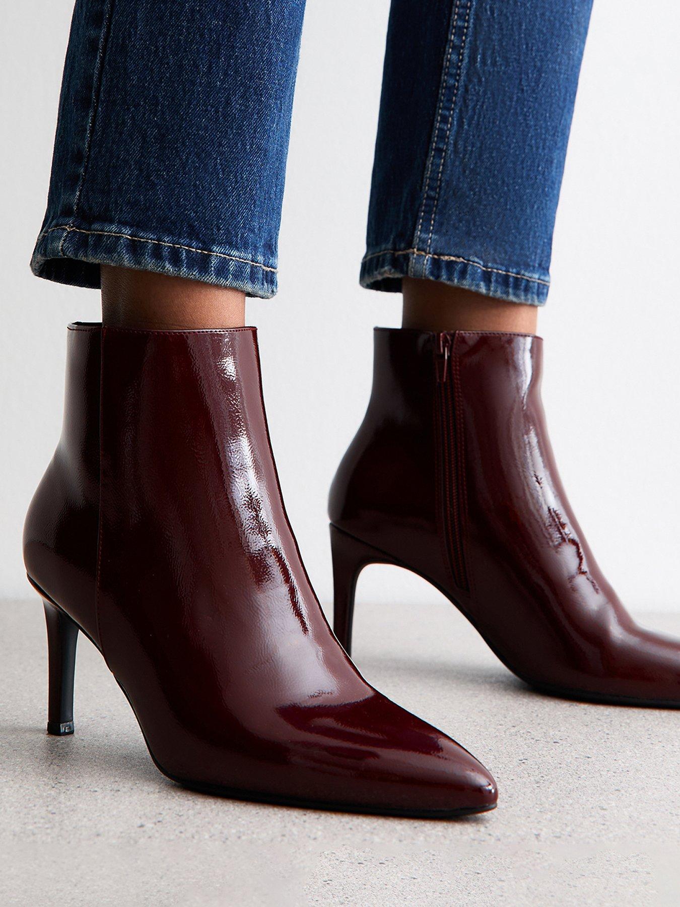  image of new-look-faux-patent-leather-point-toe-ankle-boots-dark-burgundy