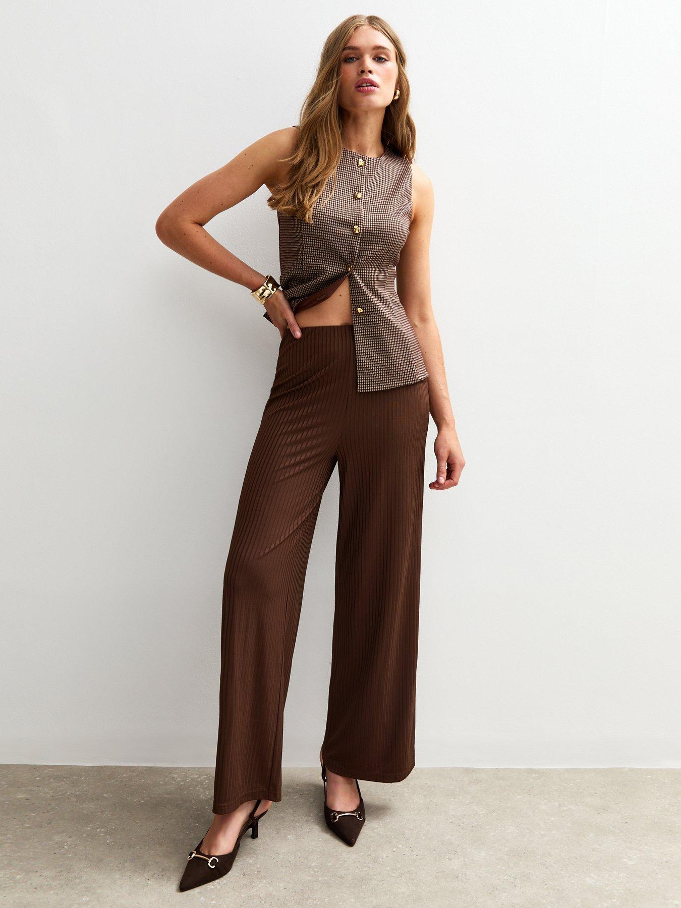 New Look Ribbed Wide Leg Trousers - Brown