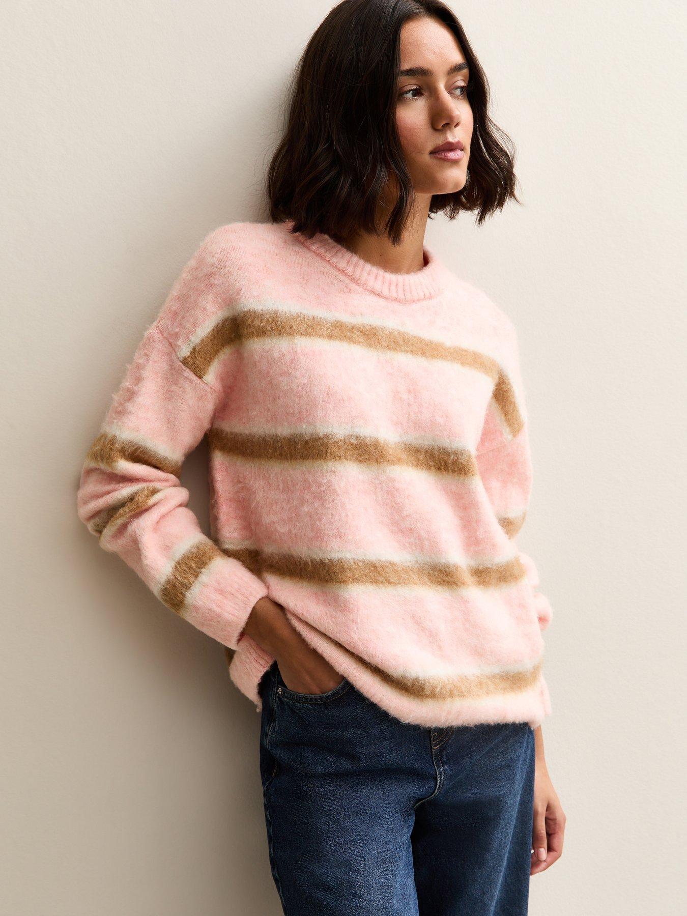  image of new-look-striped-brushed-crew-neck-jumper-grey