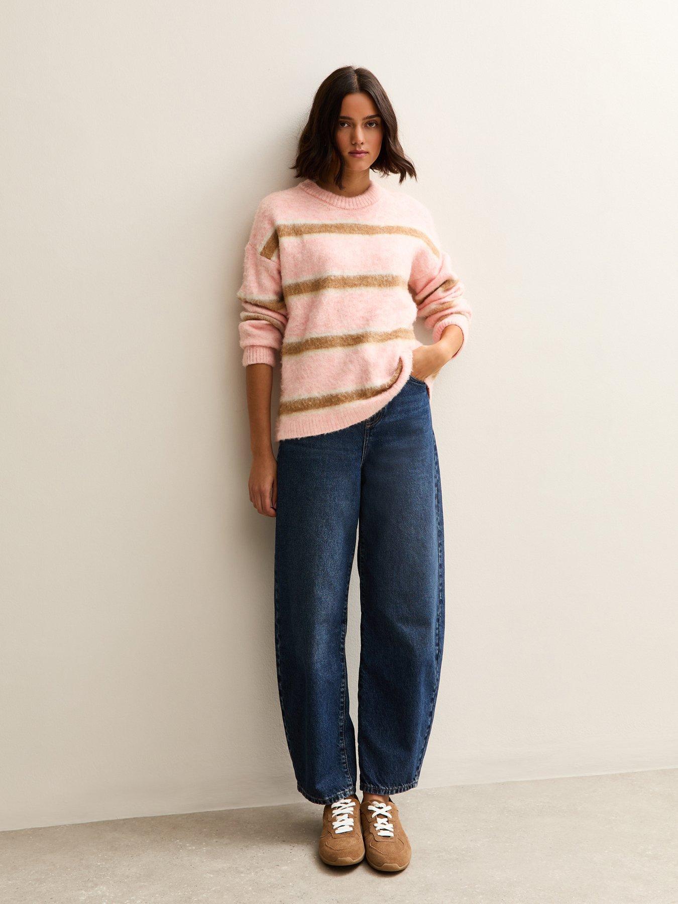  image of new-look-striped-brushed-crew-neck-jumper-grey
