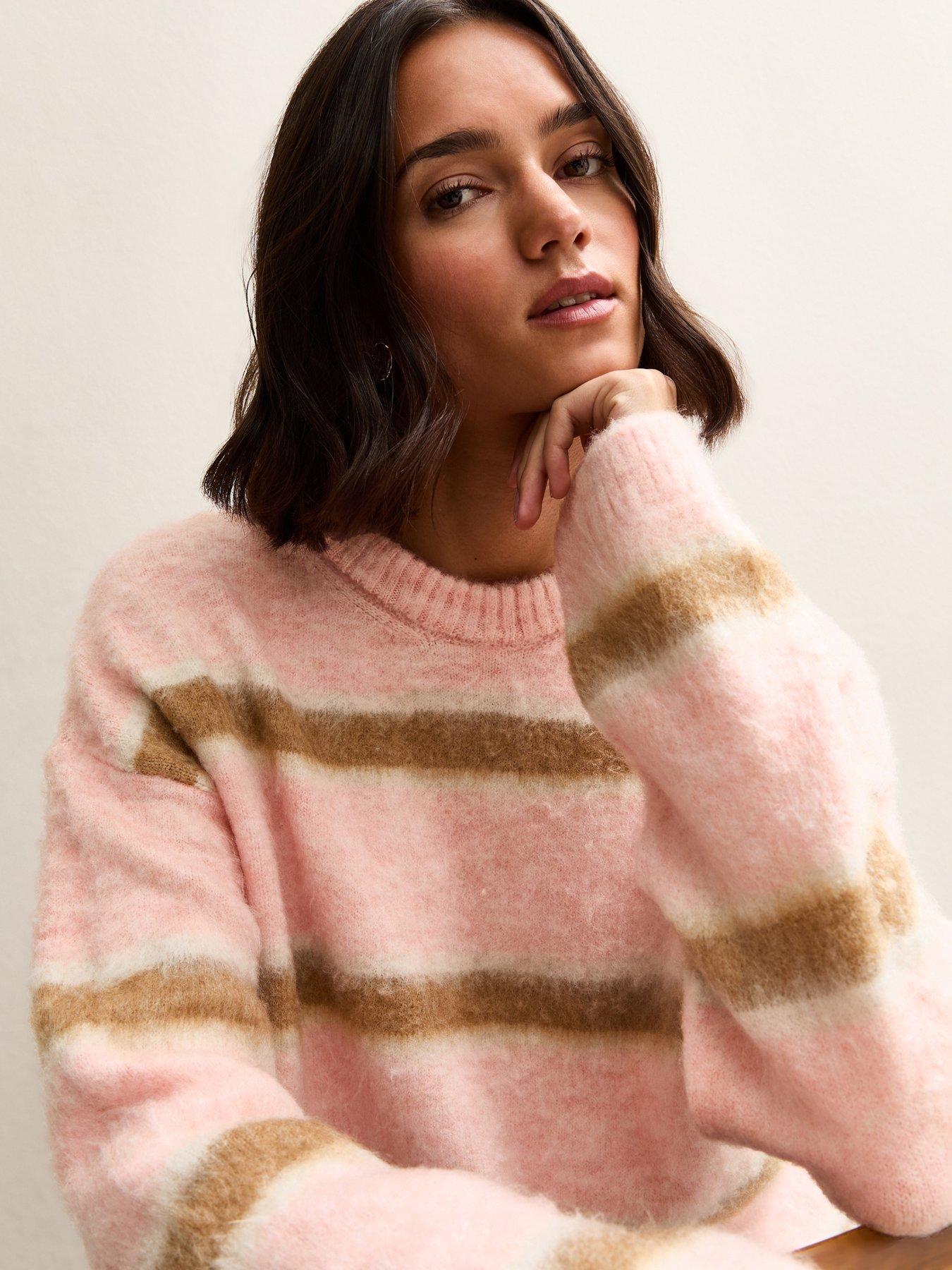  image of new-look-striped-brushed-crew-neck-jumper-grey