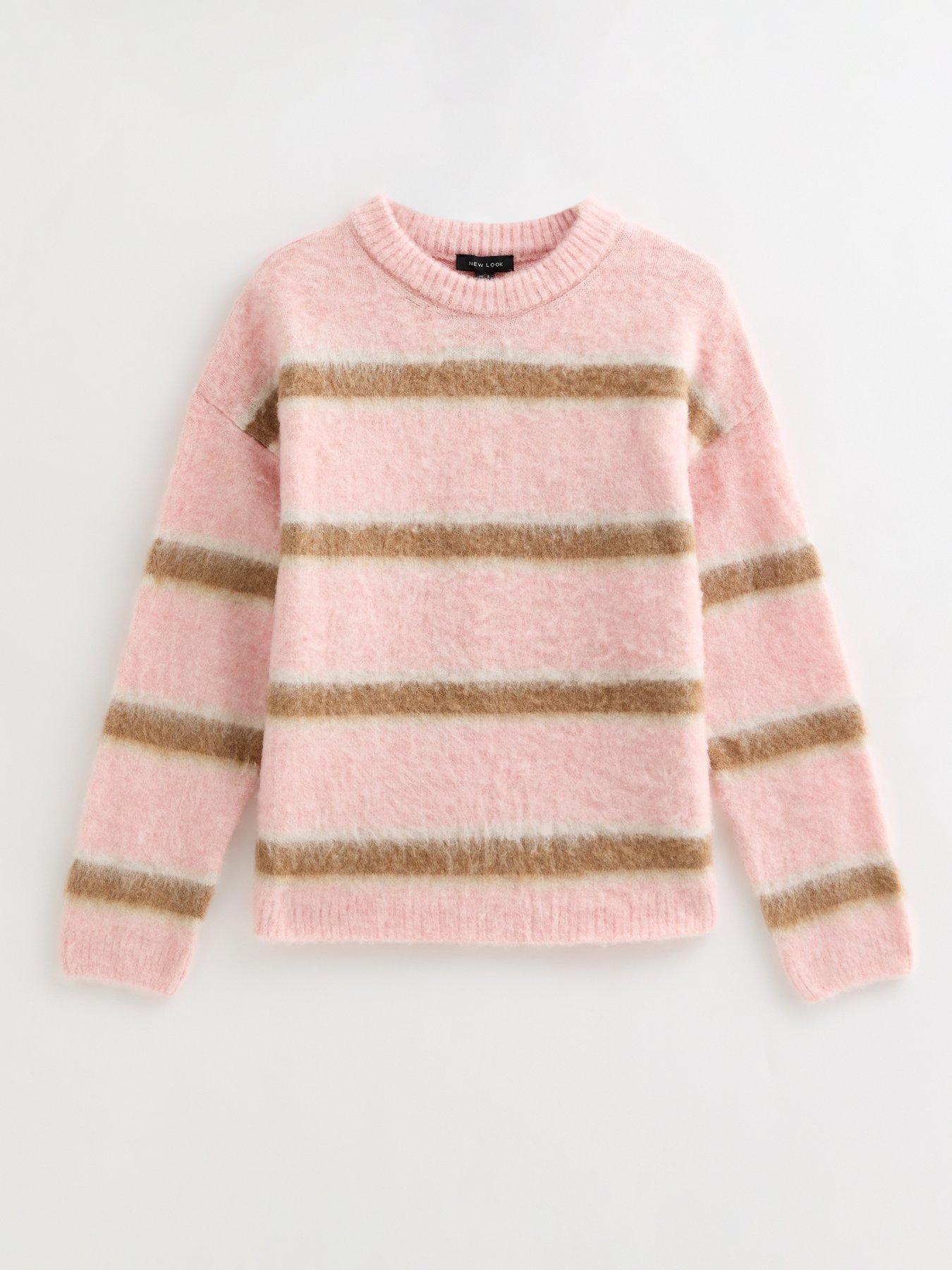  image of new-look-striped-brushed-crew-neck-jumper-grey