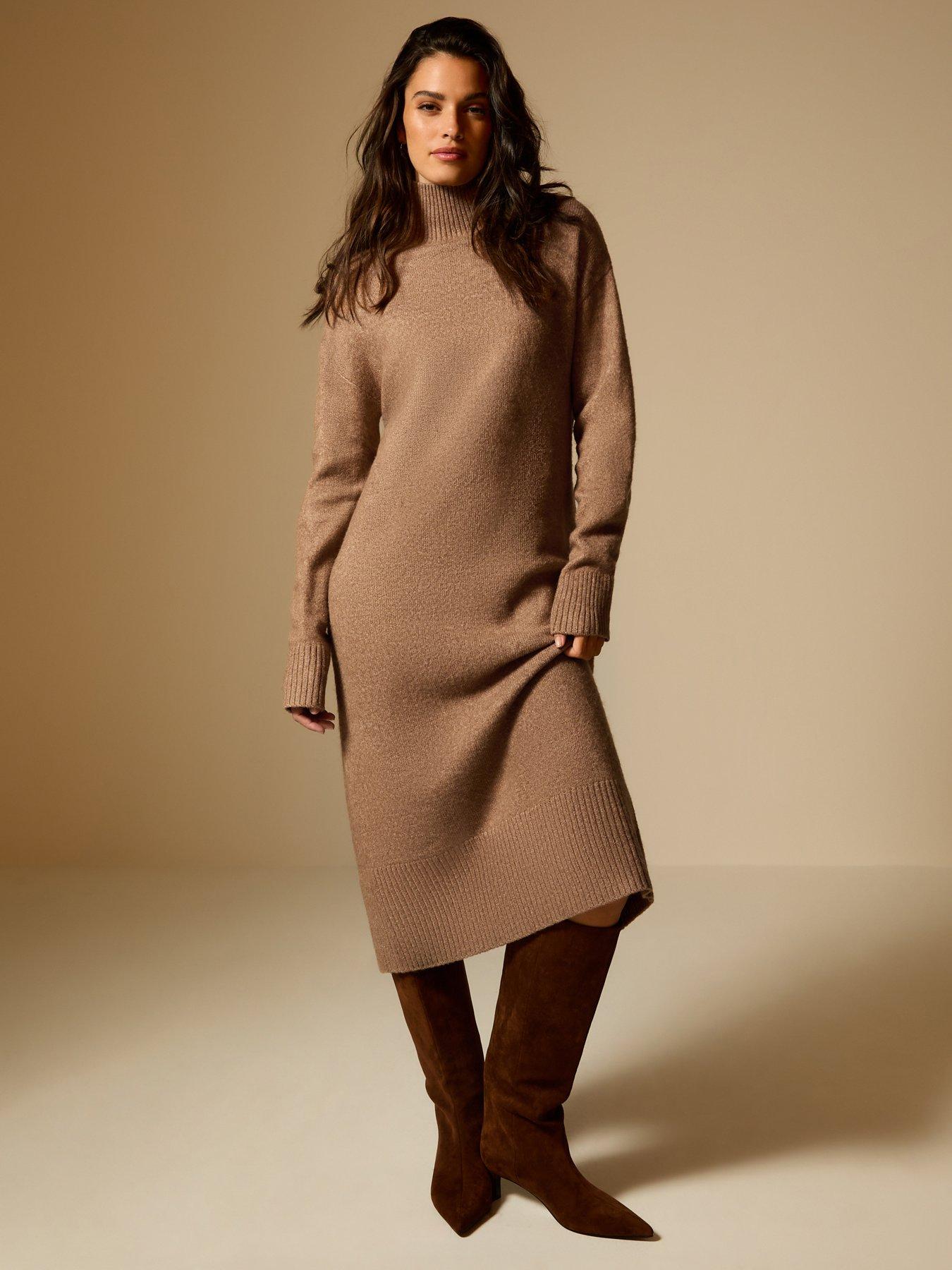  image of new-look-mink-high-neck-back-slit-midi-jumper-dress