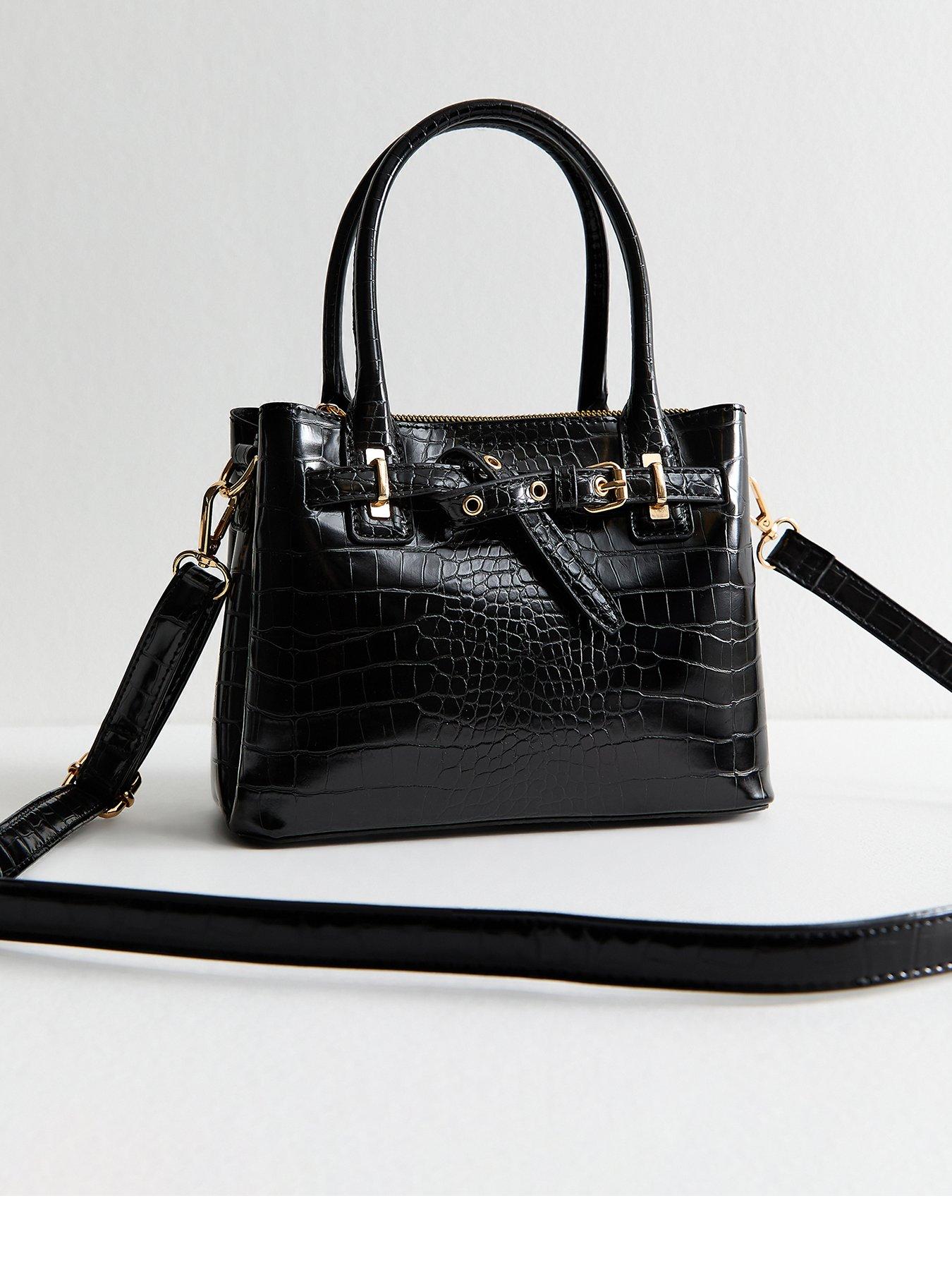 New Look Black Patent Faux Leather Crocodile Embossed Mini Crossbody Bag