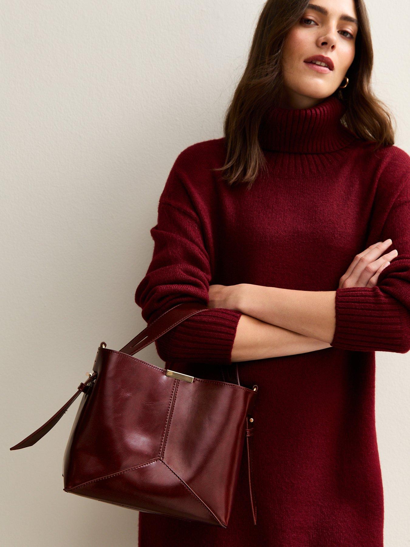 Image 2 of 5 of New Look Dark Burgundy High Shine Panelled Bucket Bag