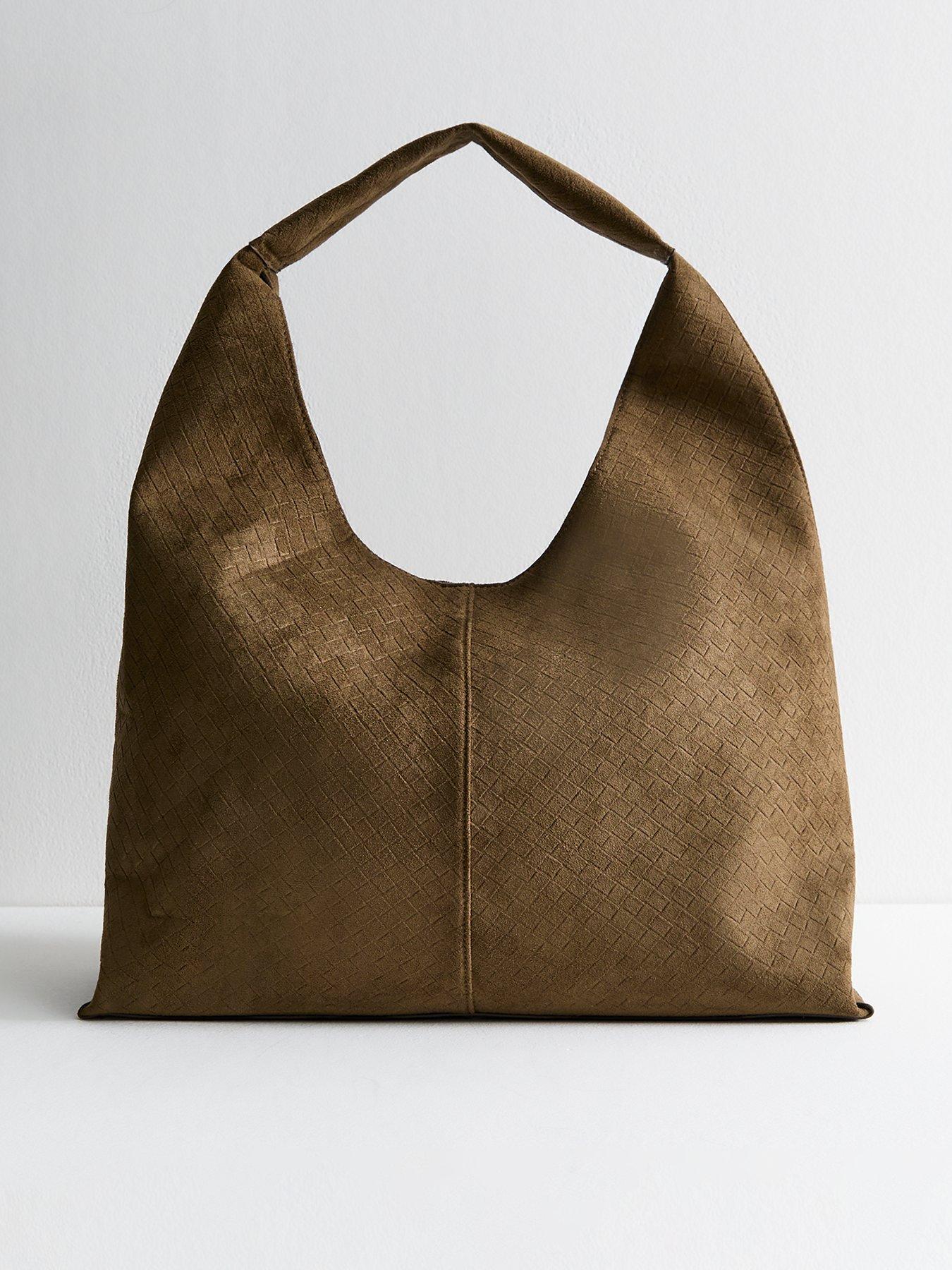 Image 1 of 5 of New Look Dark Khaki Faux Suede Woven Effect Slouch Shoulder Bag