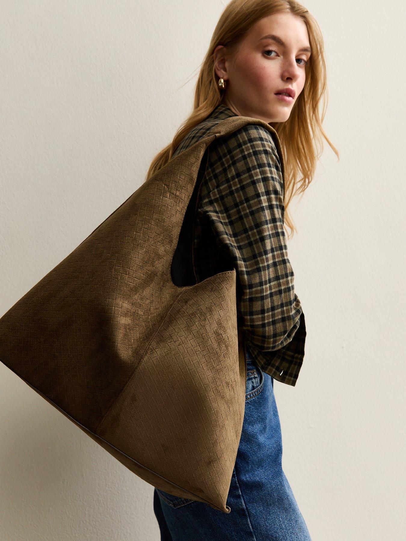 Image 2 of 5 of New Look Dark Khaki Faux Suede Woven Effect Slouch Shoulder Bag