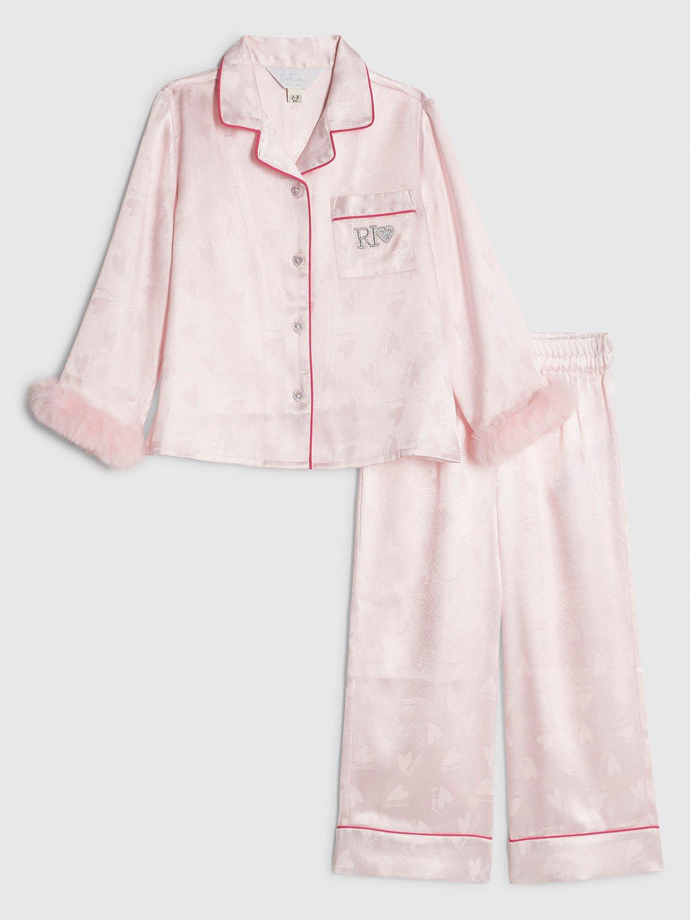 River Island Mini Girls Fur Cuff Satin Pyjamas - Pink