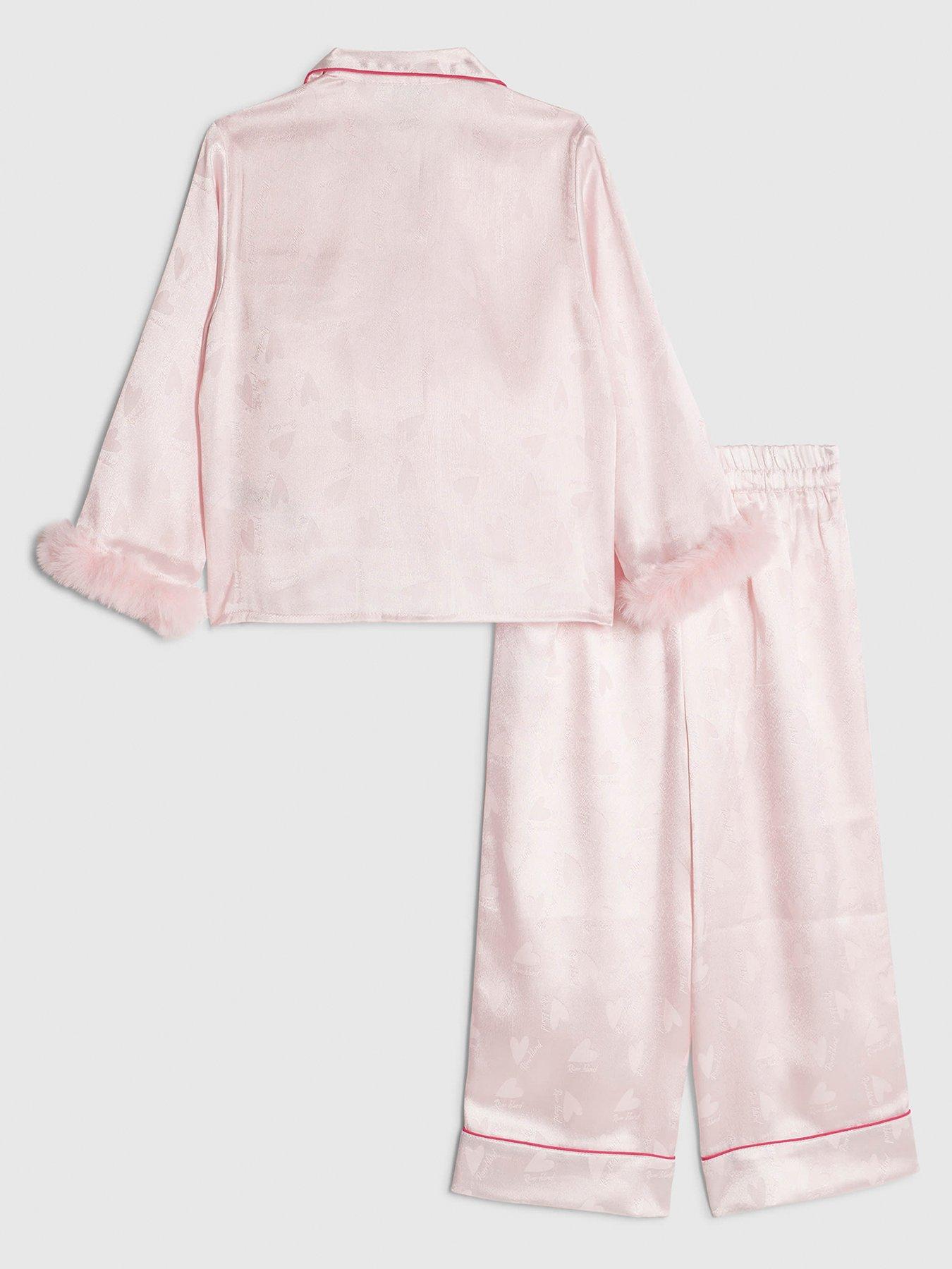  image of river-island-mini-girls-fur-cuff-satin-pyjamas-pink