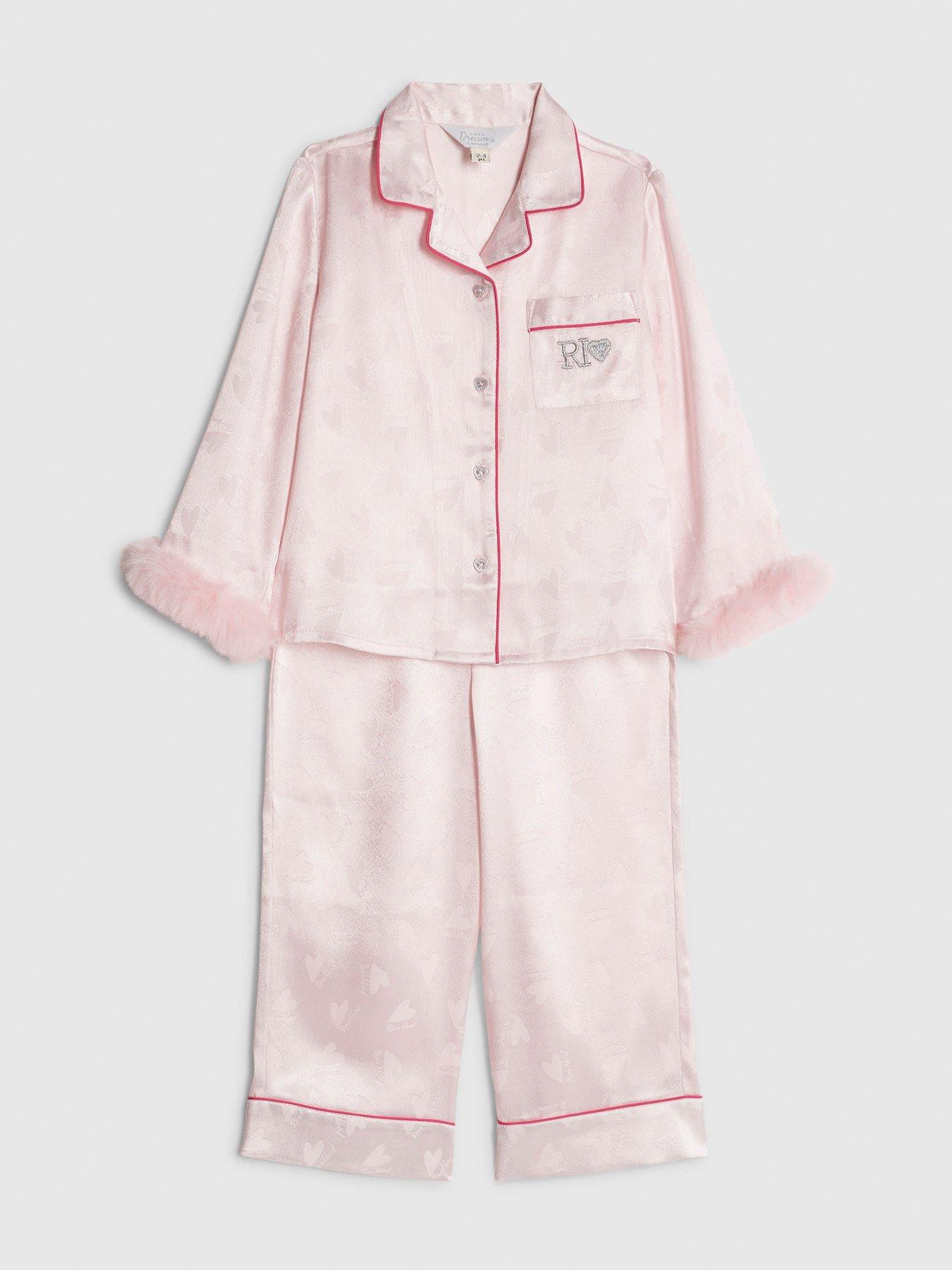  image of river-island-mini-girls-fur-cuff-satin-pyjamas-pink