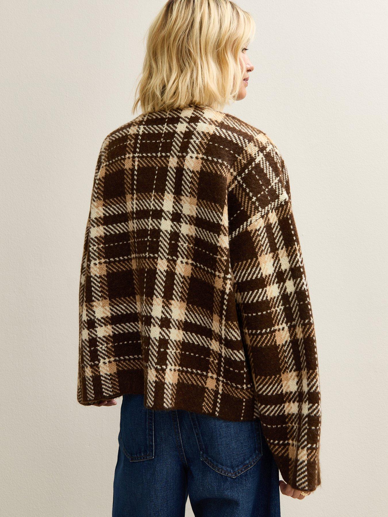 Image 2 of 5 of New Look Check Double Breasted Knitted Cardigan - Brown