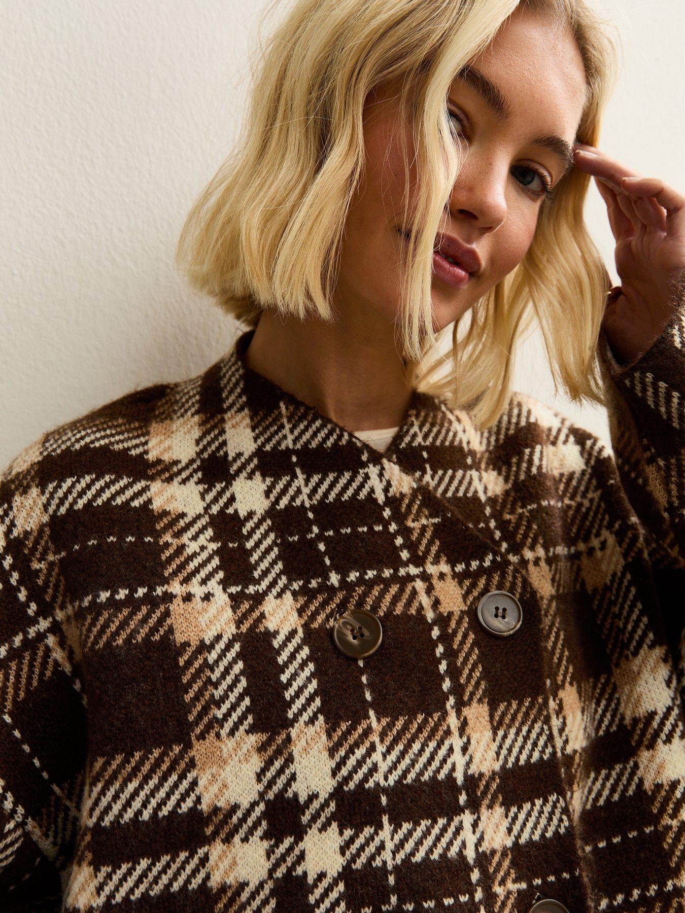 Image 4 of 5 of New Look Check Double Breasted Knitted Cardigan - Brown