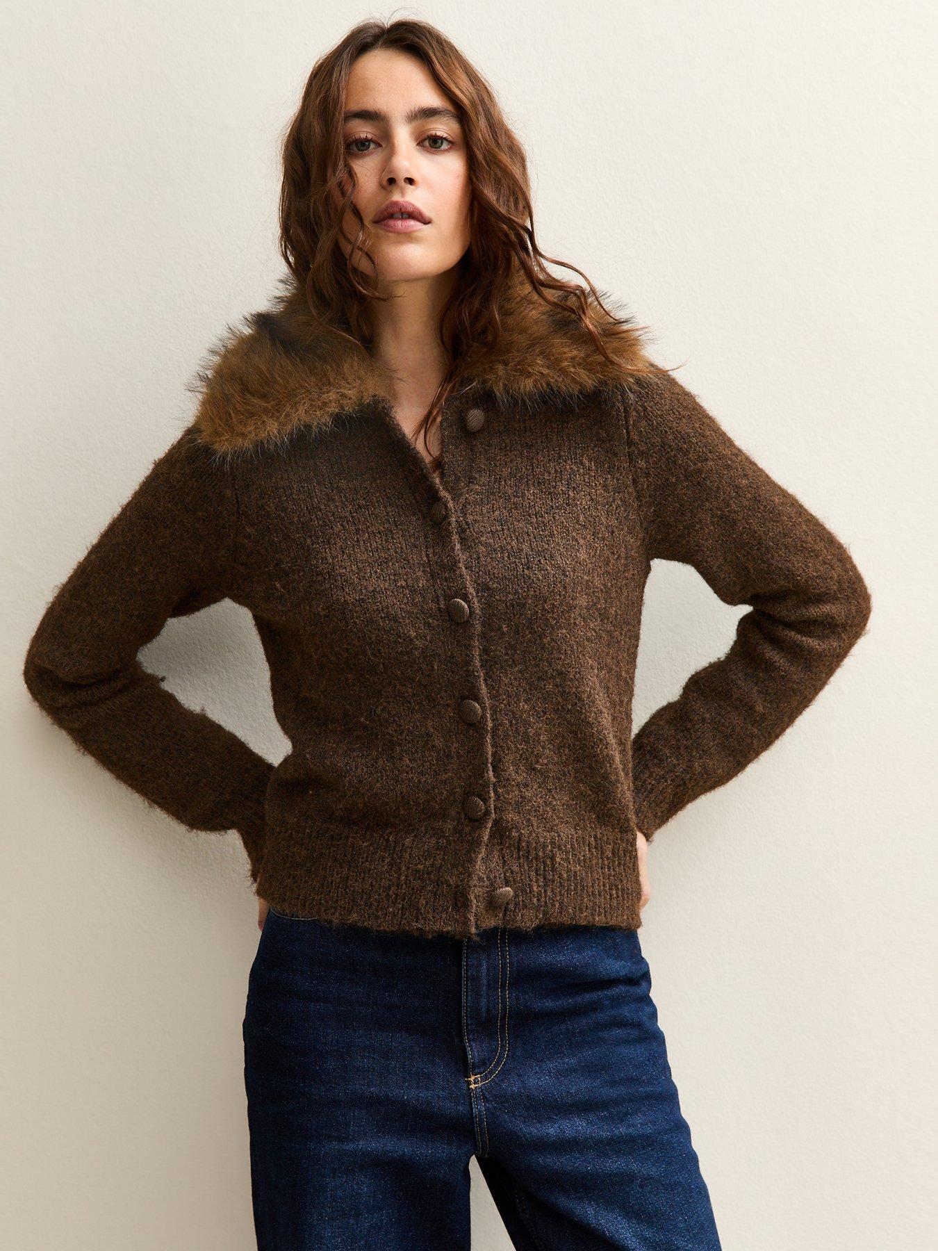 front image of new-look-faux-fur-collar-cardigan-brown