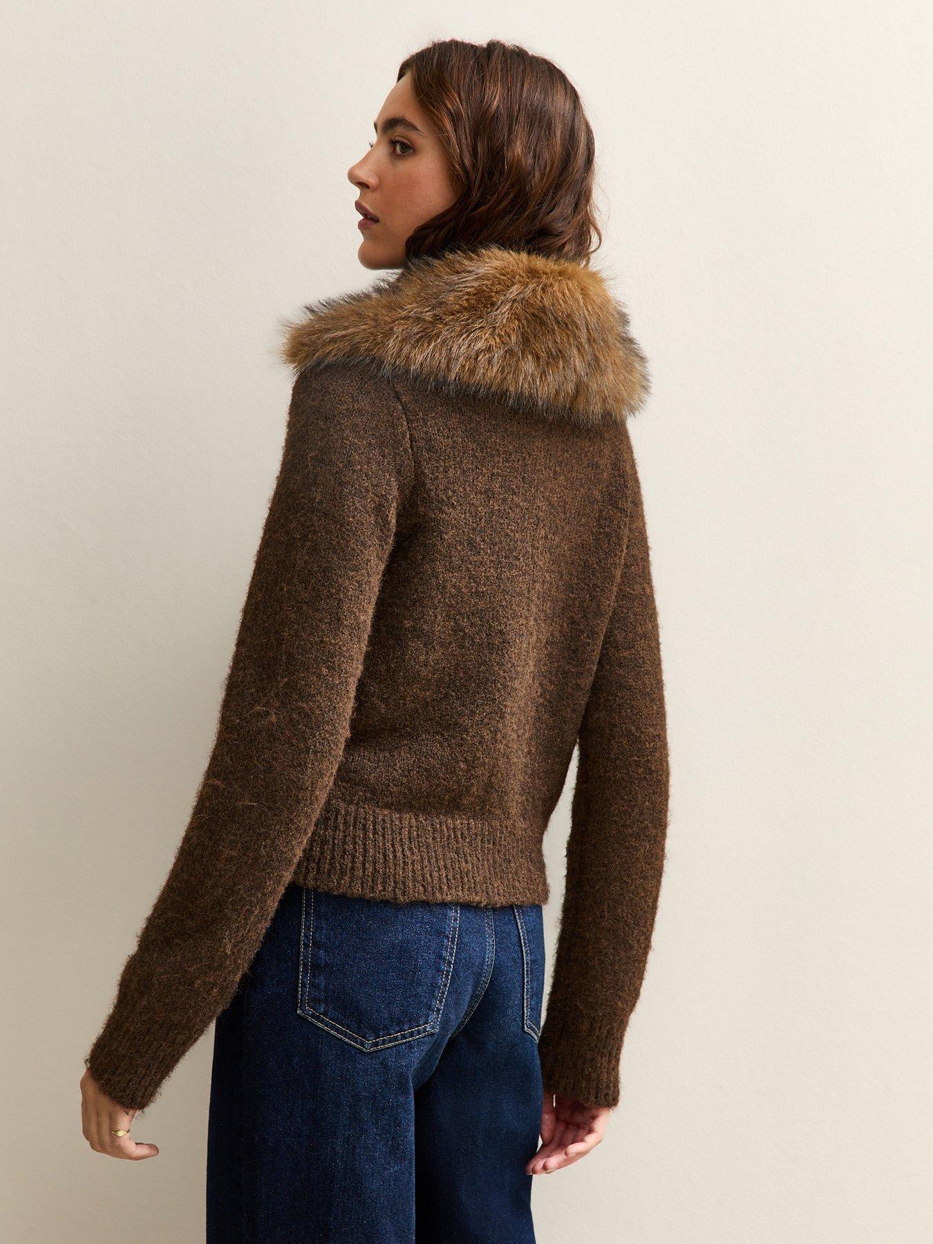  image of new-look-faux-fur-collar-cardigan-brown