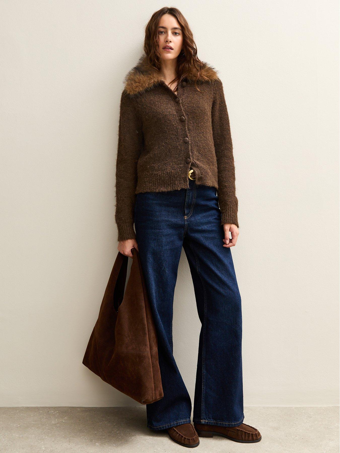  image of new-look-faux-fur-collar-cardigan-brown