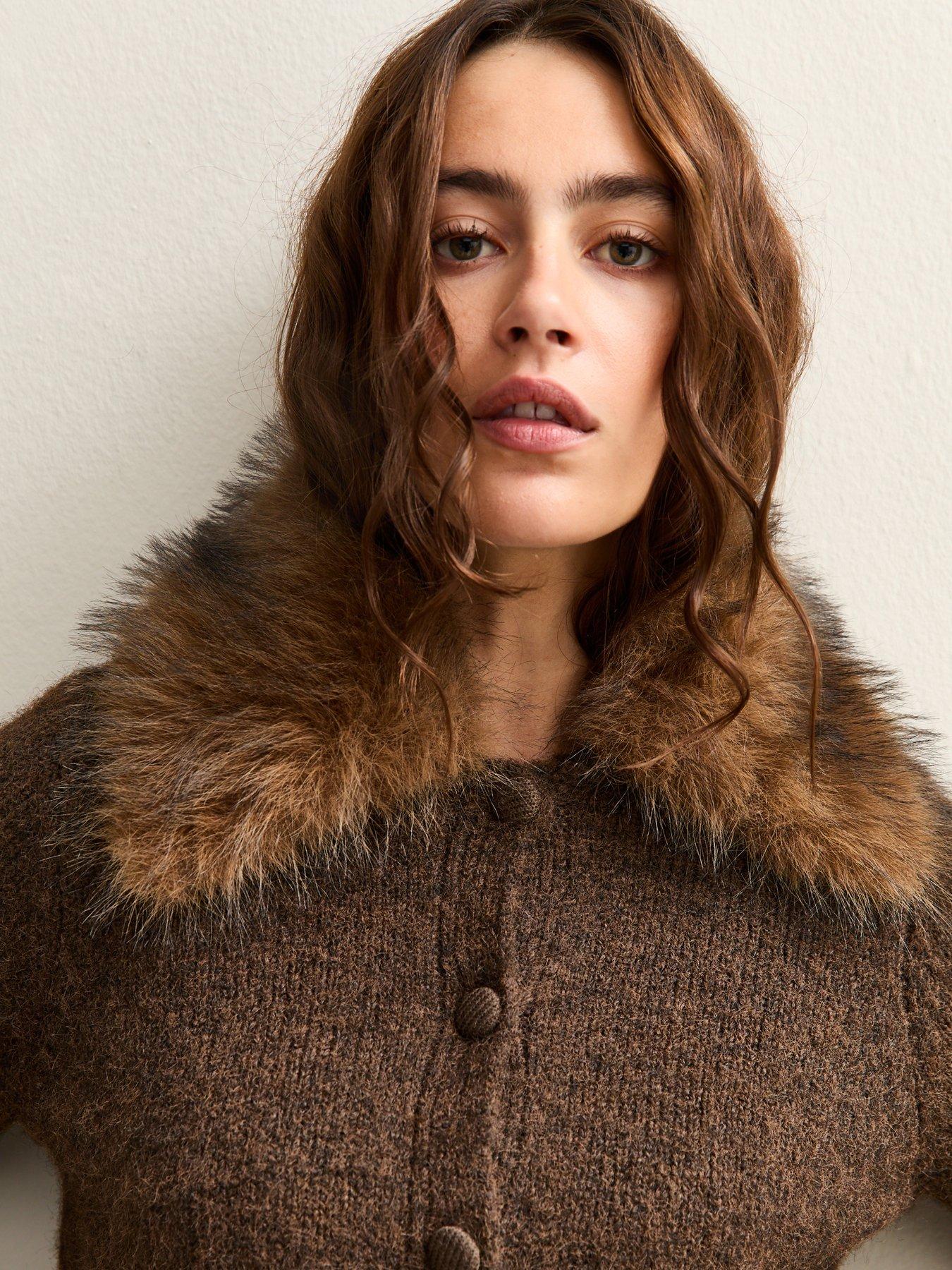 image of new-look-faux-fur-collar-cardigan-brown