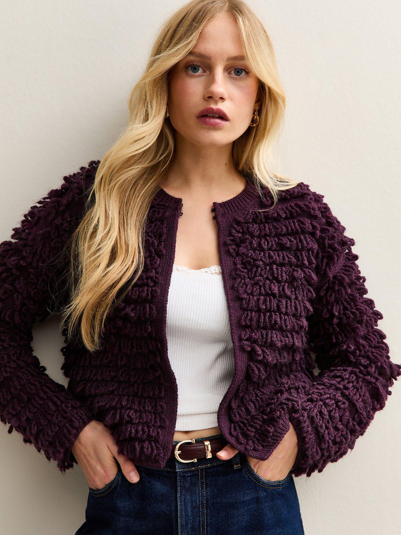  image of new-look-textured-weave-knit-long-sleeve-cardigan-purple