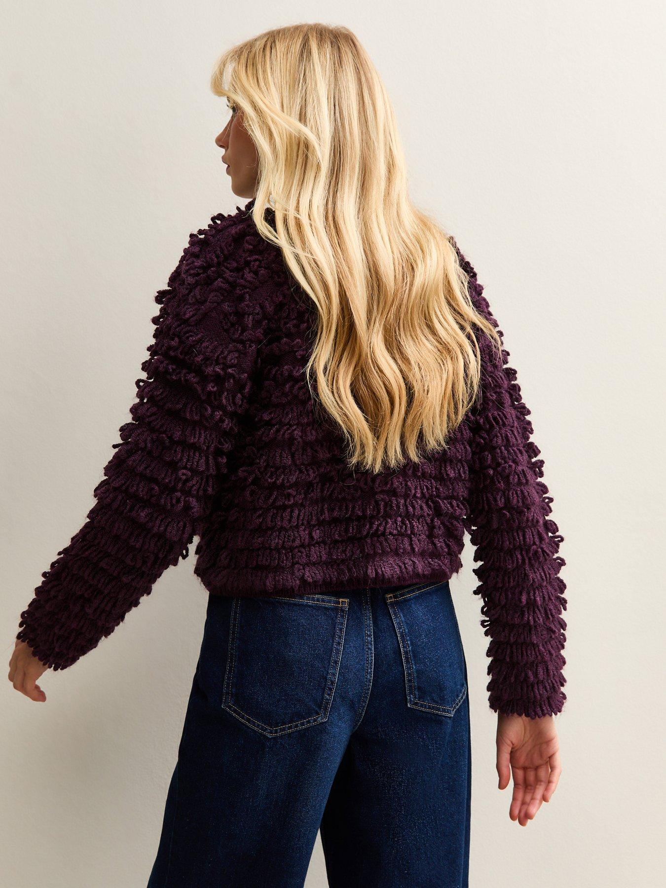  image of new-look-textured-weave-knit-long-sleeve-cardigan-purple