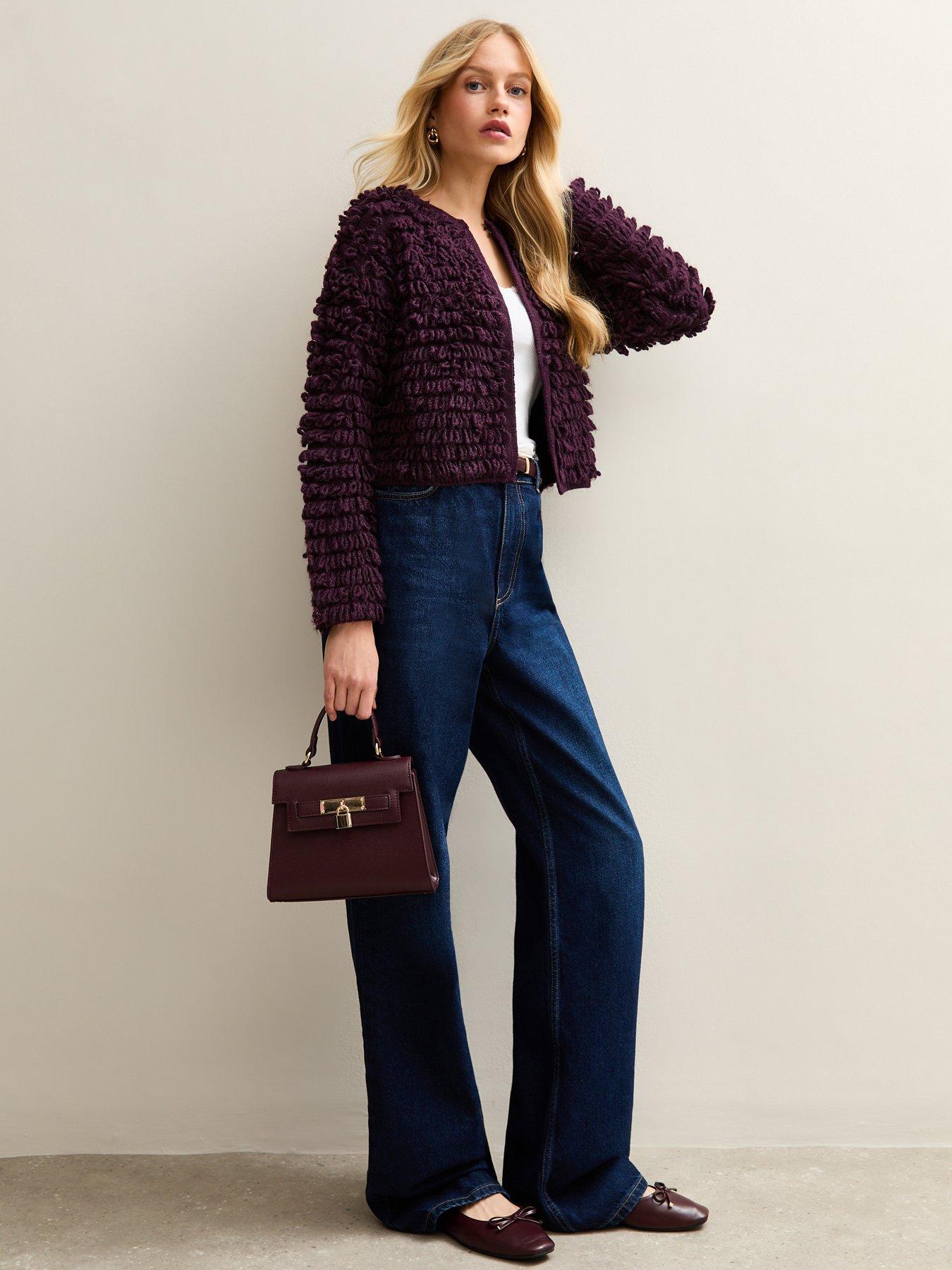  image of new-look-textured-weave-knit-long-sleeve-cardigan-purple