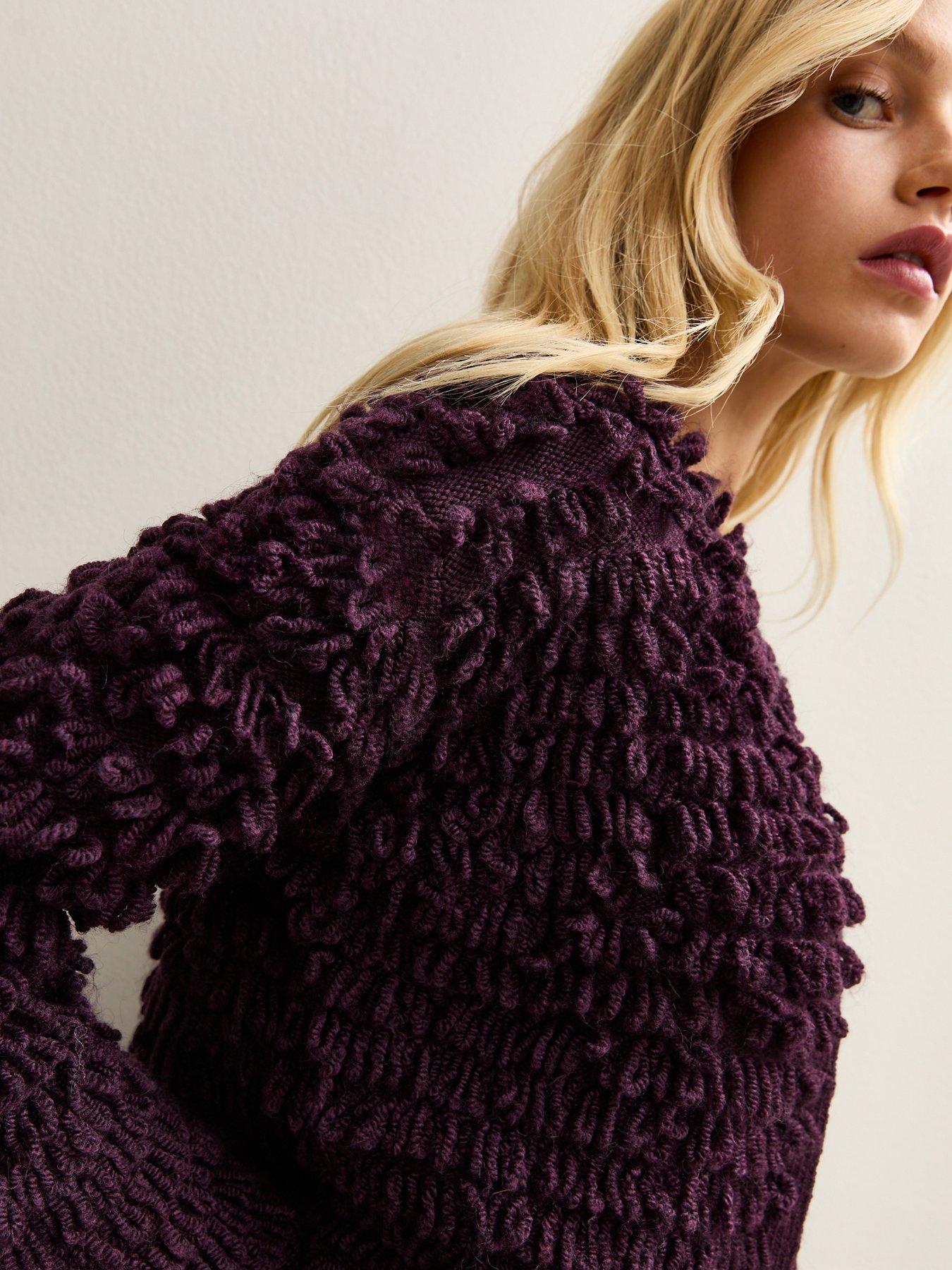  image of new-look-textured-weave-knit-long-sleeve-cardigan-purple