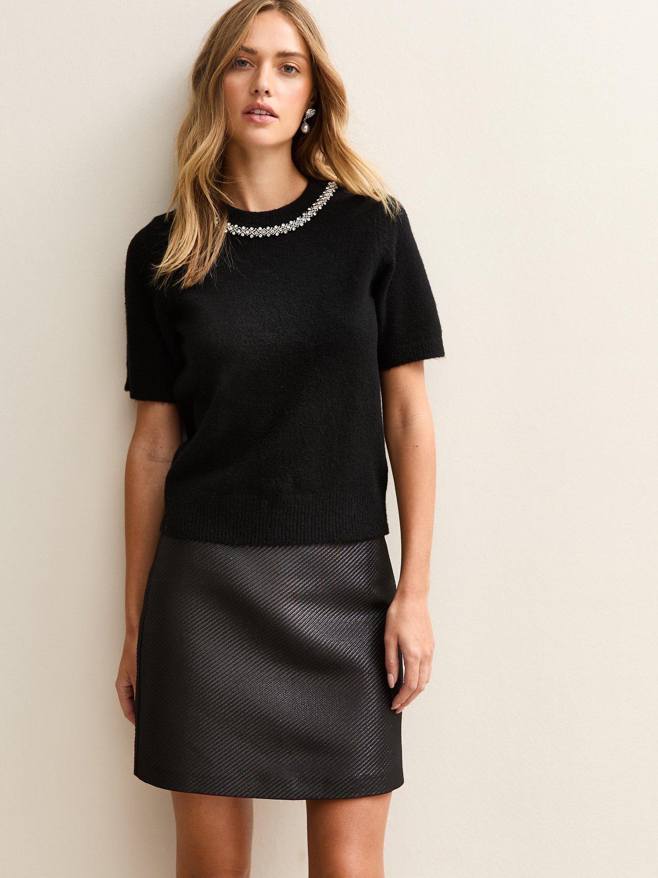 New Look Black Embellished Neck Short Sleeve Top