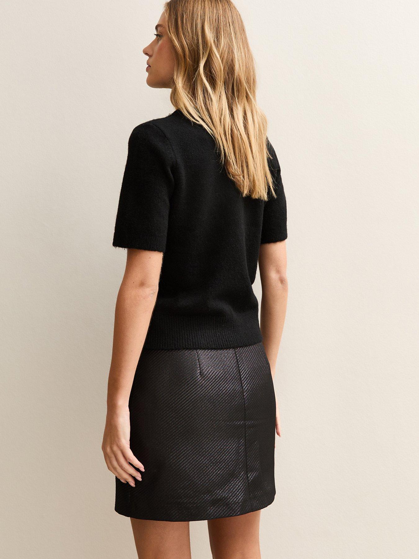  image of new-look-black-embellished-neck-short-sleeve-top