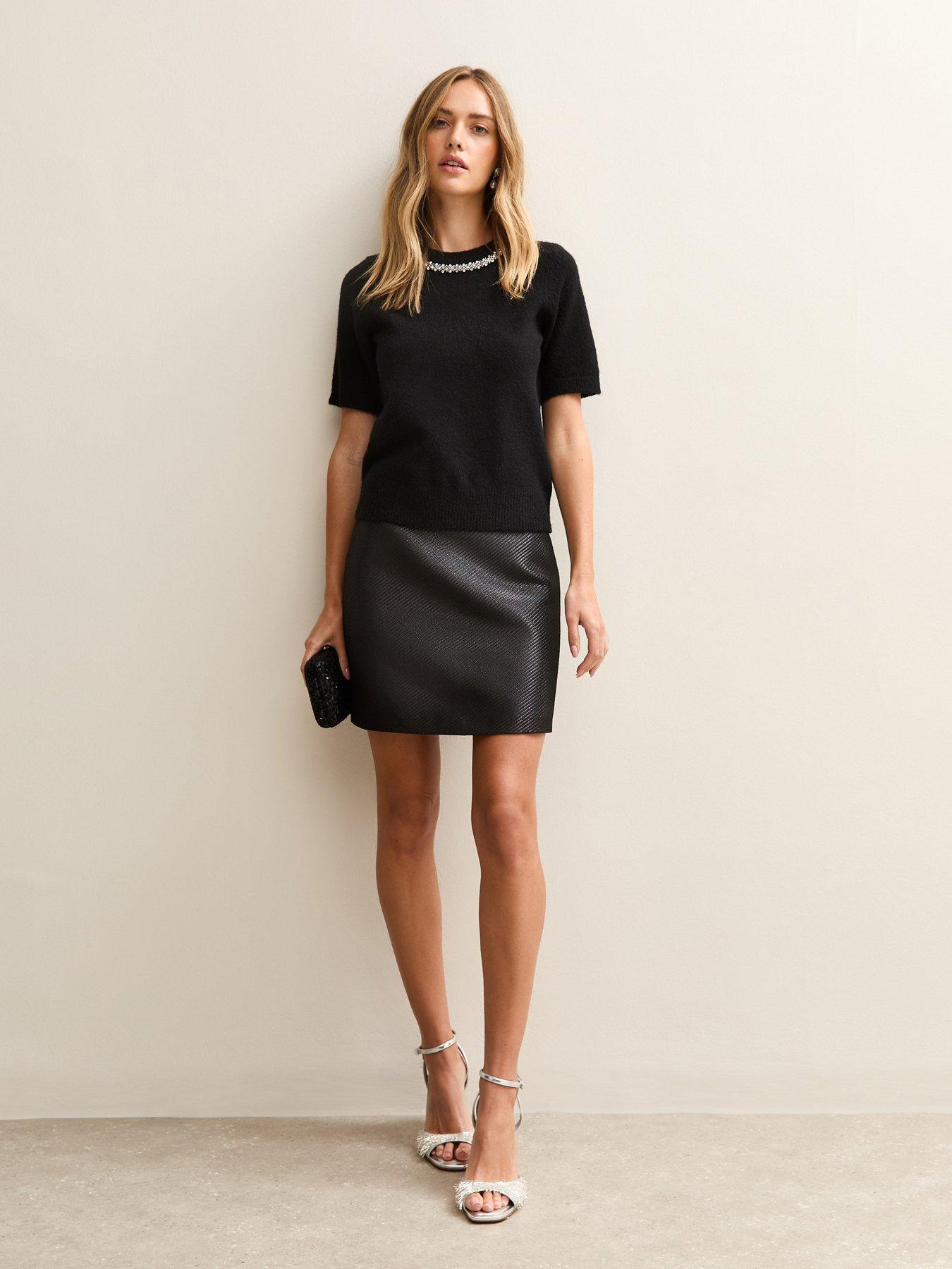  image of new-look-black-embellished-neck-short-sleeve-top