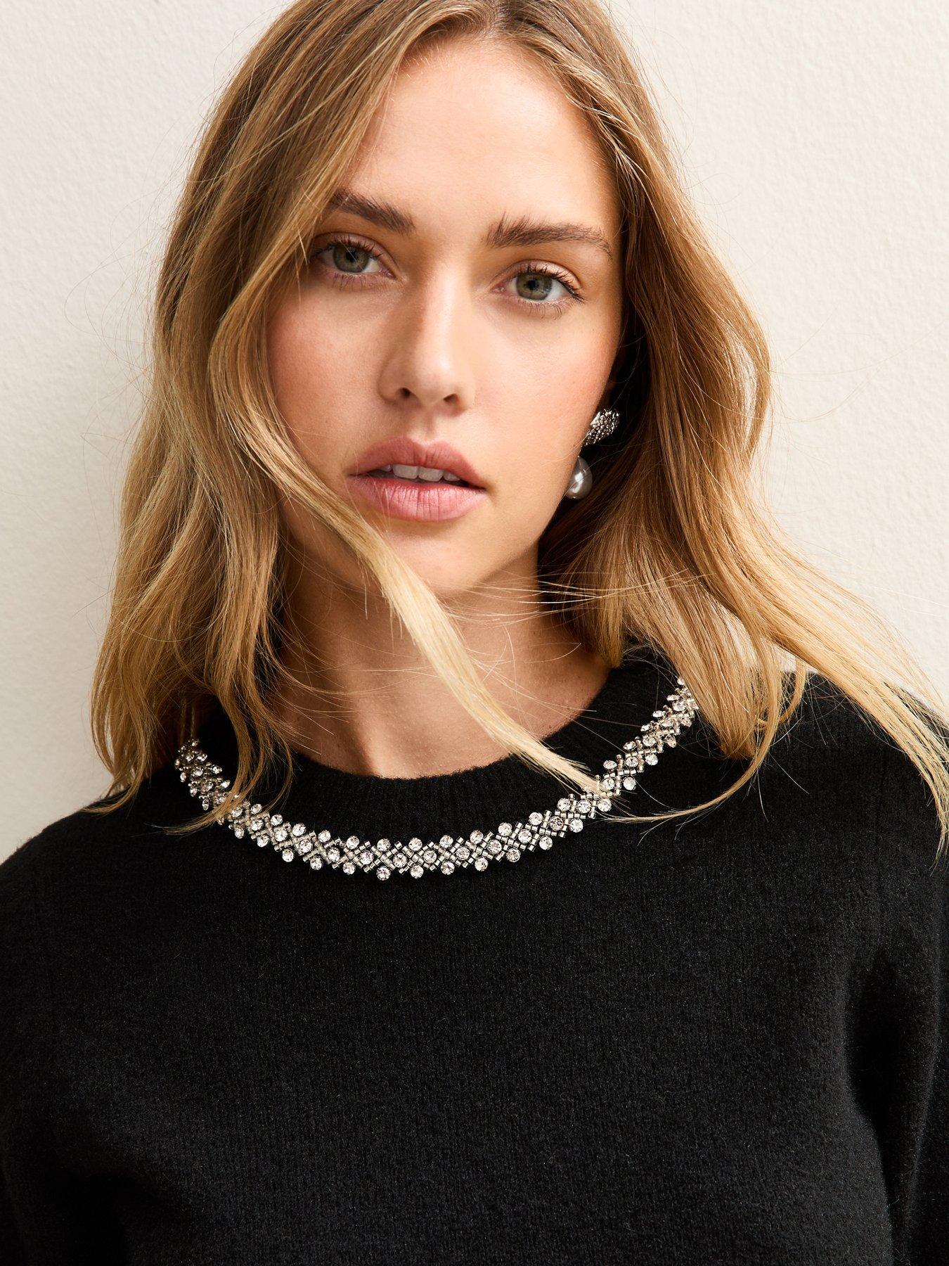  image of new-look-black-embellished-neck-short-sleeve-top