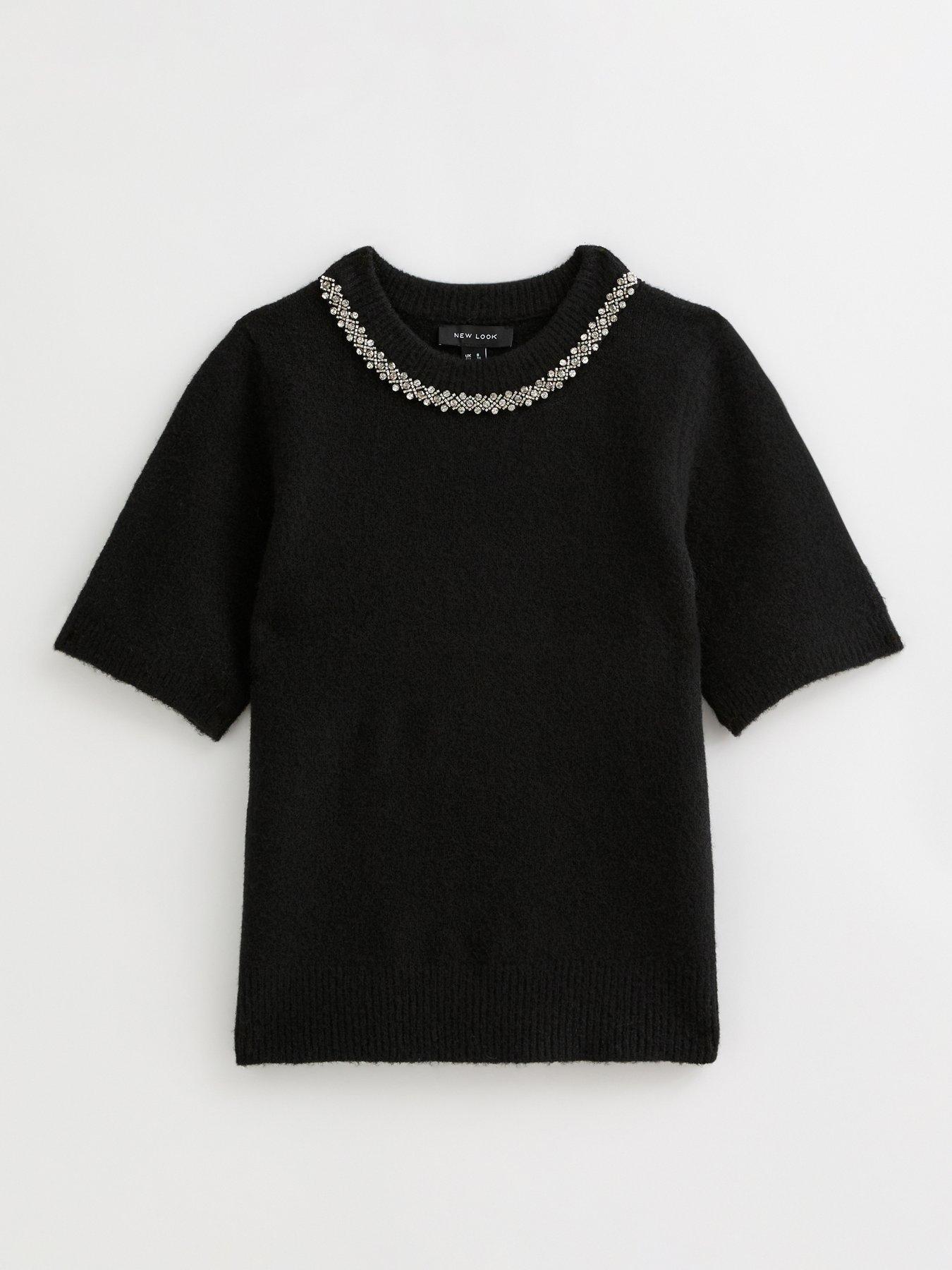  image of new-look-black-embellished-neck-short-sleeve-top
