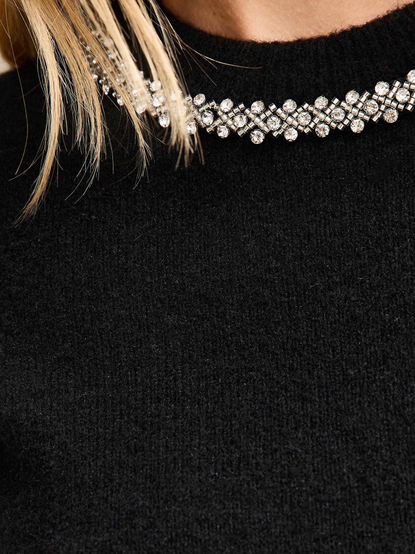  image of new-look-black-embellished-neck-short-sleeve-top