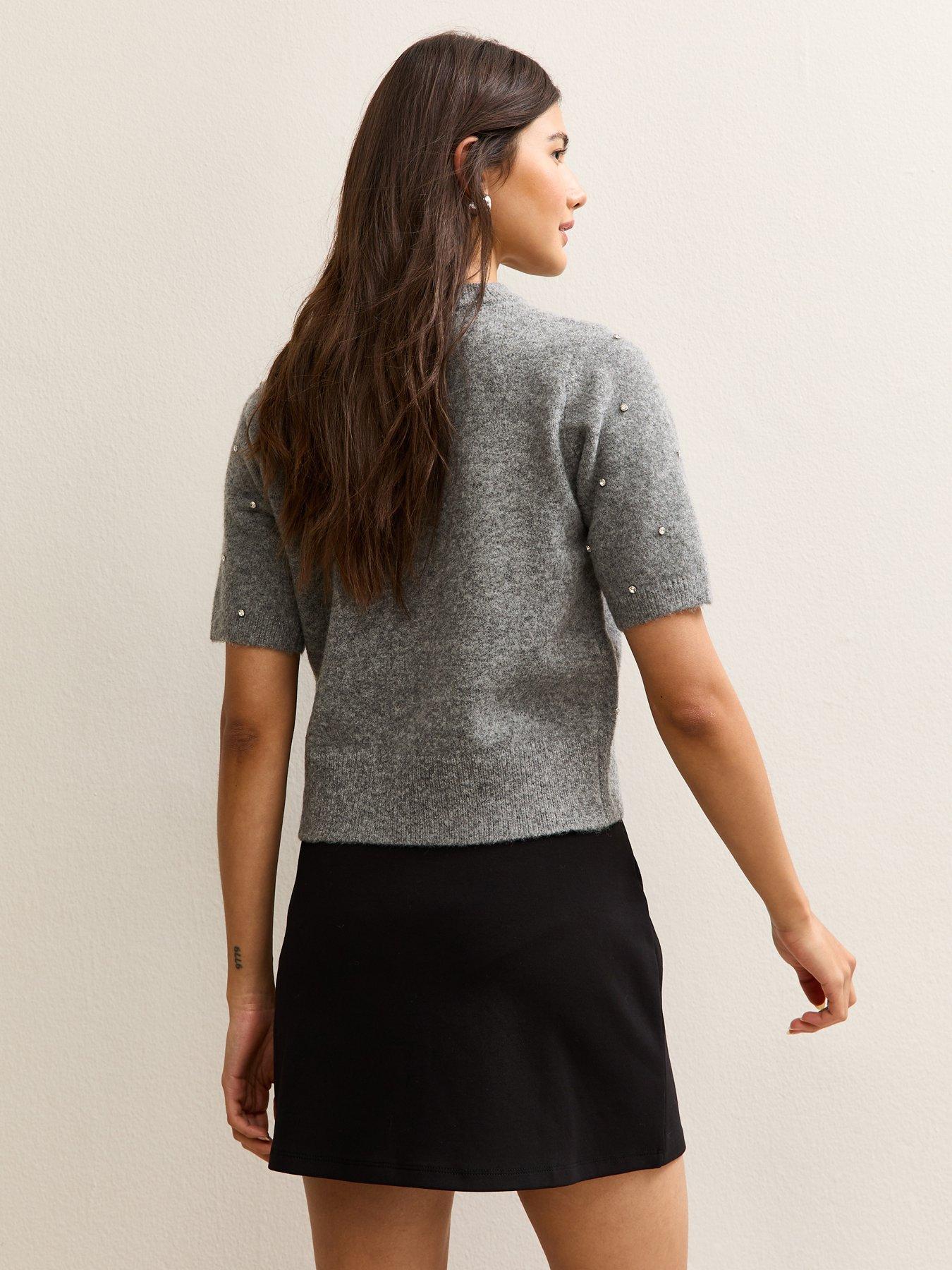  image of new-look-mid-grey-diamanteacute-embellished-short-sleeve-top